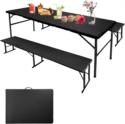 Picnic Table Set with 2 Benches, 5.8FT Portable Folding Picnic Table for Indoor Outdoor, Camping Patio Dining, Heavy Duty Metal Frame, Compact Carry for Backyard, Black