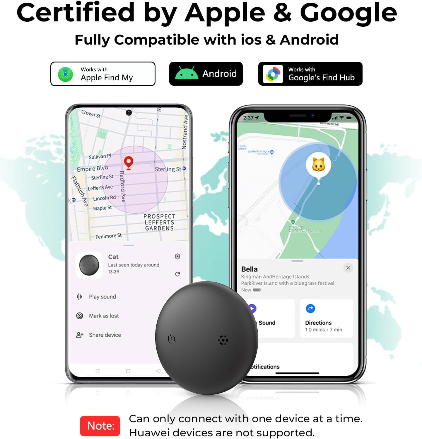 GPS Cat Tracker Collar(iOS & Android), Bluetooth Mini GPS Dog Tracker, Smart Pet Activity Tracker, No Monthly Fee, Work with Apple Find My & Google Find Hub, Finder Tag for Pets,Items (1 Pack)