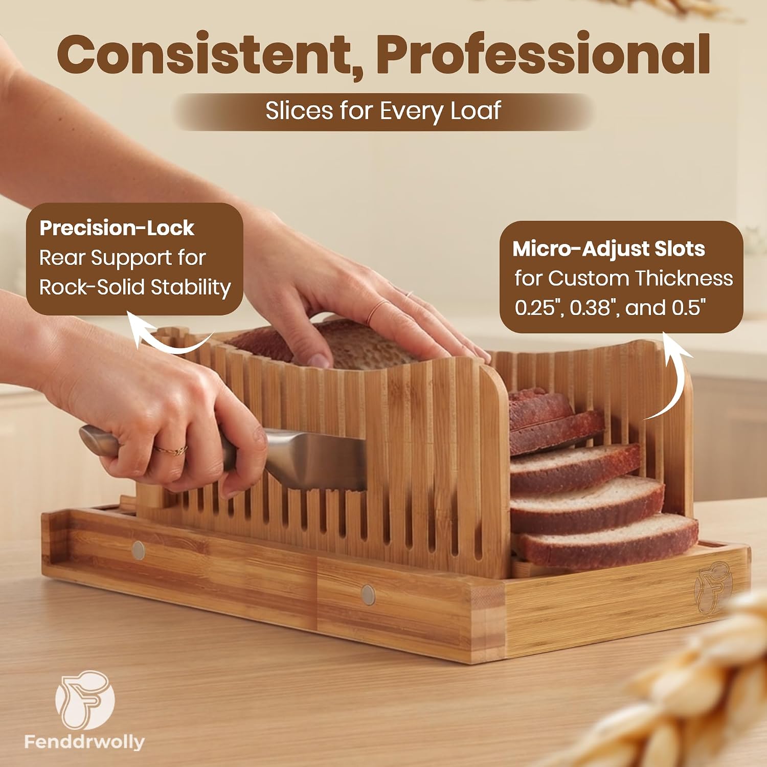 Bamboo Bread Slicer for Homemade Bread – Foldable Loaf Cutter with Serrated Steel Knife, Crumb Tray & Adjustable Thicknesses for Sandwich Bread, Bagels & Loaves