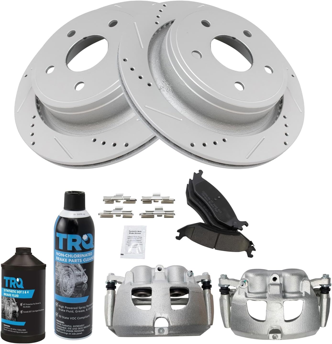 TRQ Rear Performance Brake Pad & Rotor Kit Brake Caliper Brake Chemical Kit Brake Pads Brake Rotors Set Ceramic Premium G-Coated Compatible with 2012 Ram 1500