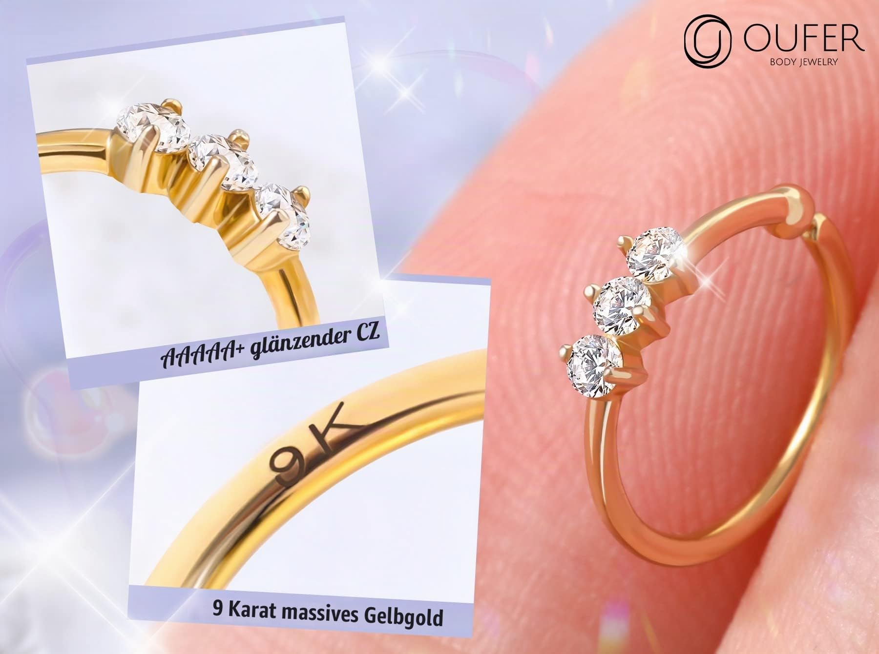 OUFER 0.8mm 9ct Gold Nasenpiercing Rings CZ 20 Gauge Nasenring Nasen Piercing Nase Hoop Gelbgold Seamless Helix Piercing Körper Schmuck Geschenke 8mm