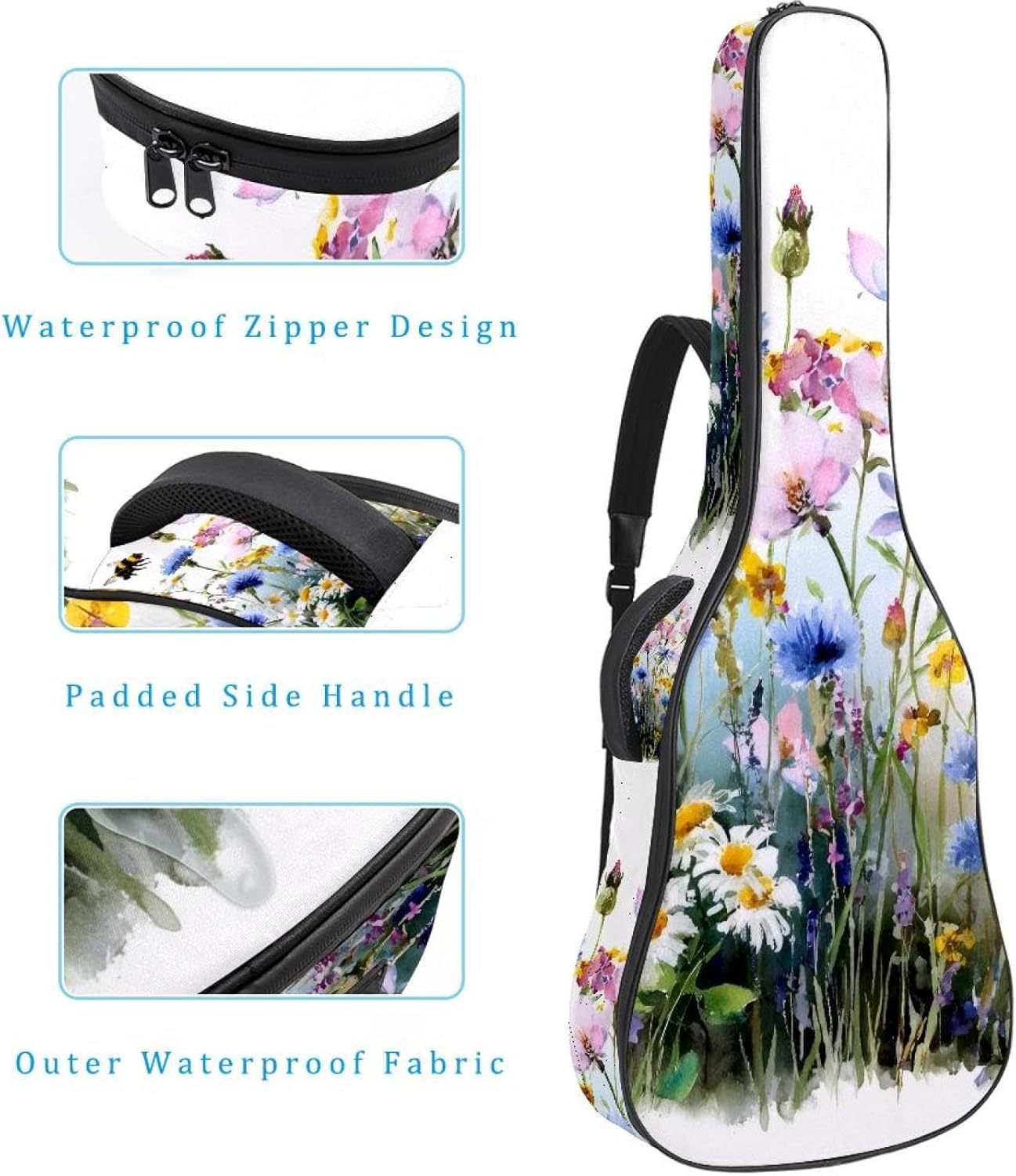 Acoustic Guitar Gig Bag 10mm Thick Padding, Soft Waterproof Guitar Case with Adjustable Backpack Straps for 40-42 Inch Guitar, Summer Wildflowers Herbs and Grass with Bee