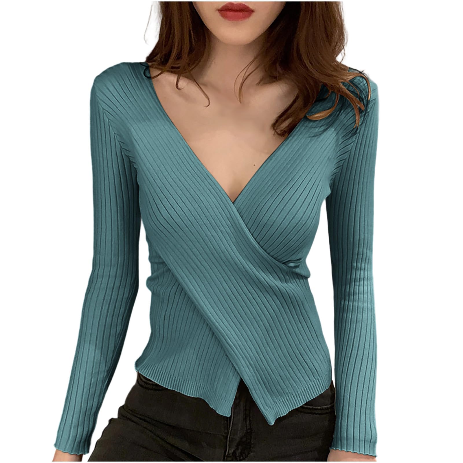 Womens Cross V-Neck Fashion Sweater Long Sleeve Slim Ribbed Knit Tunic Tops Y2K Casual Outfits