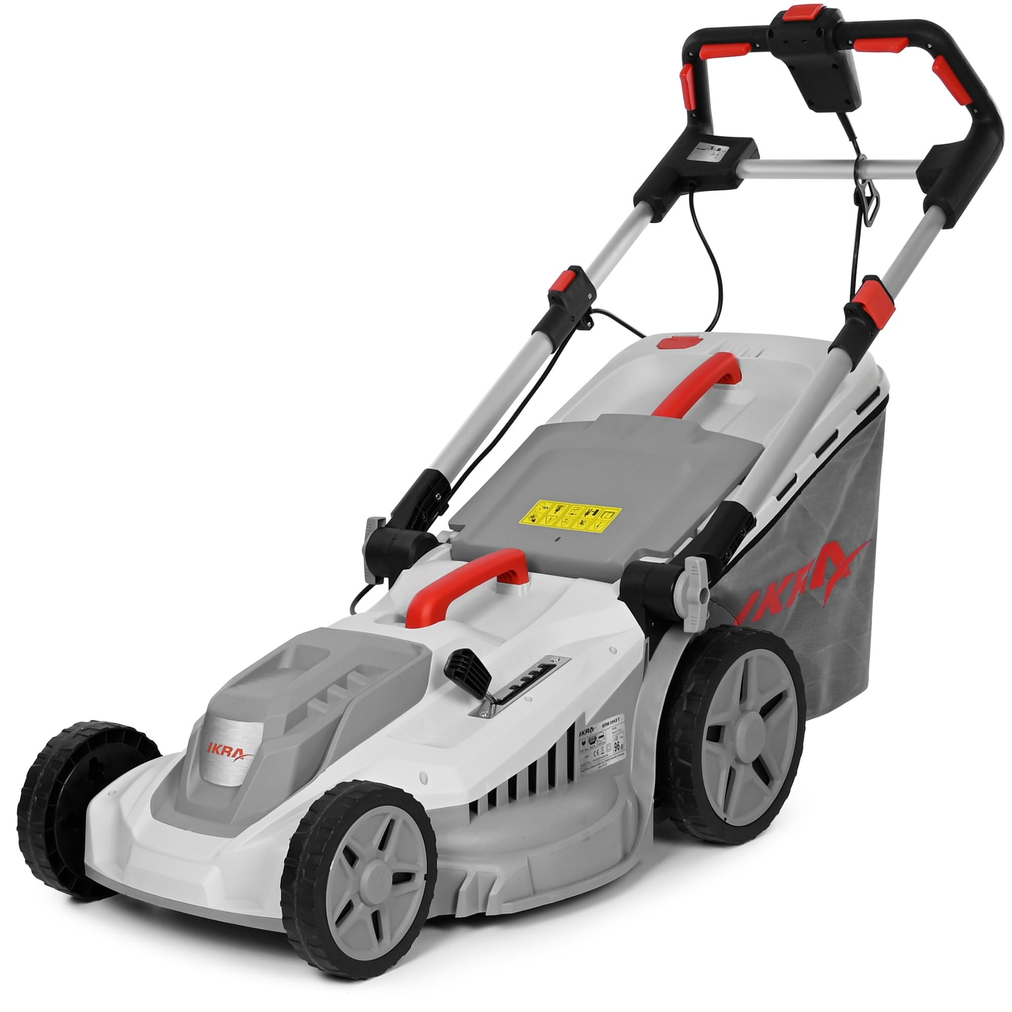 IKRA cortacésped eléctrico IERM 2043 T, 2000 W, Ancho de Corte 43 cm | Manillar regulable, altura de corte de 30-75 mm, incluye bolsa colectora de 50 l y kit de mulching, cuchilla de metal