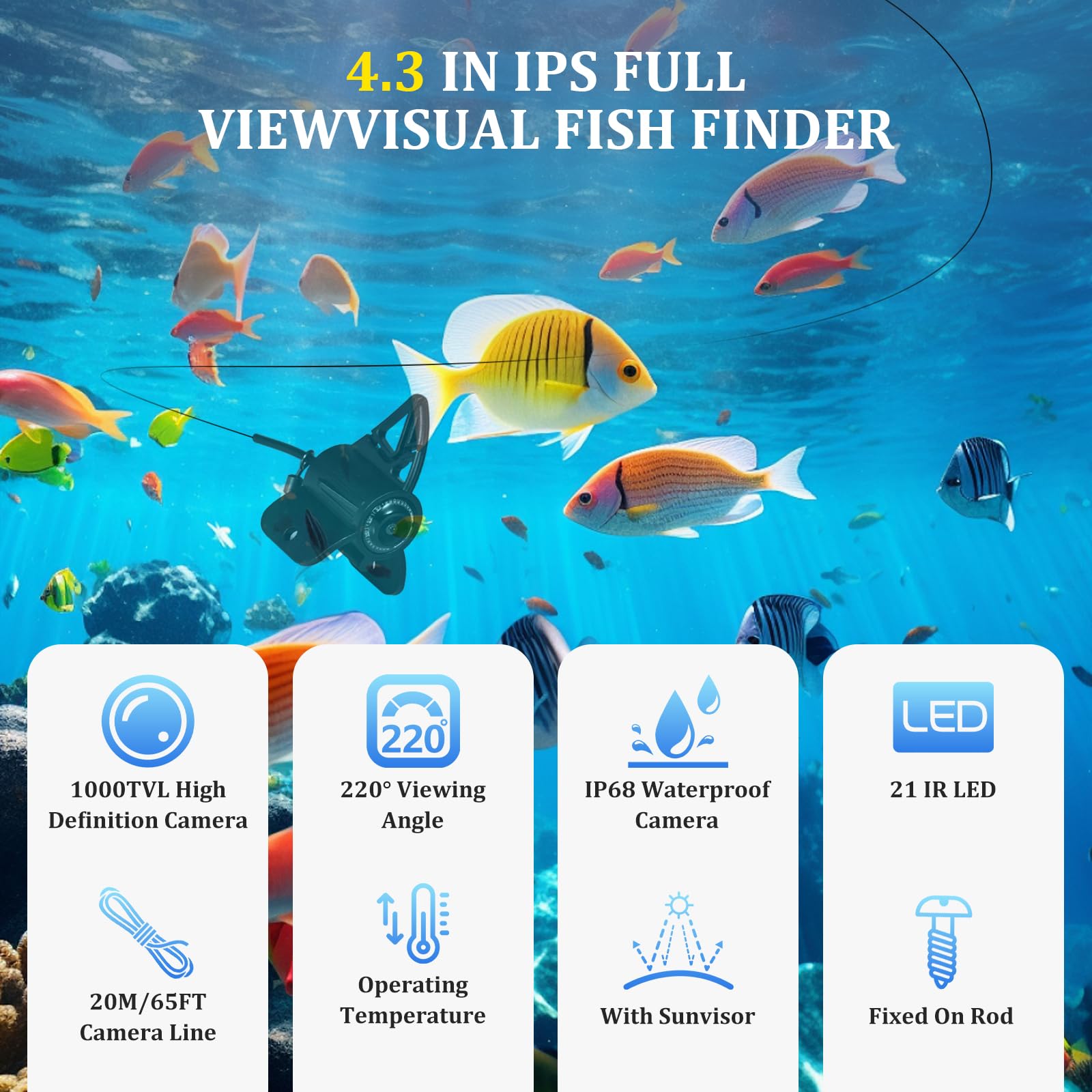 Unterwasserkamera Angeln Fishfinder, Fish Finder Kamera mit 4.3 Zoll IPS Display und 20m Kabel, Wasserdicht 220° Weitwinkel Nachtsicht Unterwasser Angelkamera für Meeresangeln Fluss Angeln Eisfischen