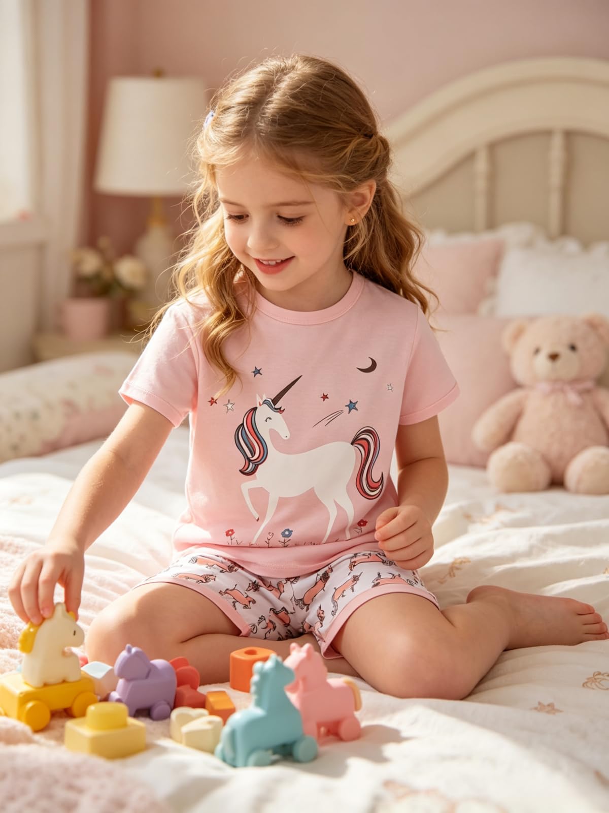 Mädchen Schlafanzug Kurz Einhorn Kurzer Pyjamas Baumwolle Zweiteiliger Sommer Schlafanzüge Set Kinder Nachtwäsche Größe 1-12 Jahre