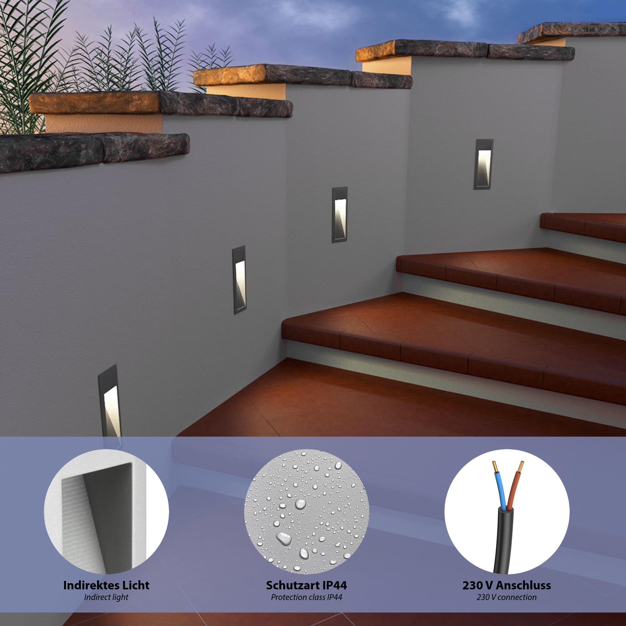 ledscom.de 5x LED Treppenlicht/Wandeinbauleuchte für innen und außen, Downlight, eckig, grau, 95 x 235mm, warmweiß