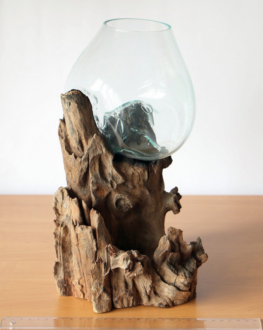 Geschenk Deko Einzigartige Gamal Wurzelholz Glasvase B-Ware Ø Glas 15-16 cm Wurzel Holz Teakholz Vase Glas M