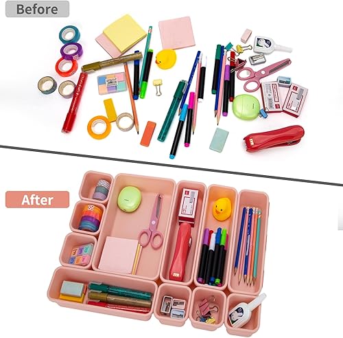 Miniatura 10 de 22 bandejas de organizador de cajones de escritorio con 3 tamaños diferentes, organizador multiusos de cajón de escritorio para cocina, baño, Rosa