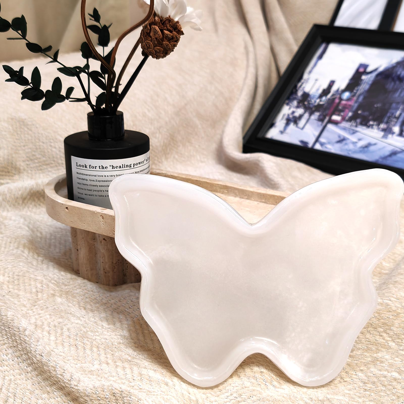 Natural Marble Vanity Tray, Jade Butterfly Shaped Stone Catchall, Organizer for Countertop, Perfume, Jewelry, Candles, Kitchen,Bathroom,for Lady,Mother,Girlfriend Gift (White jdae)