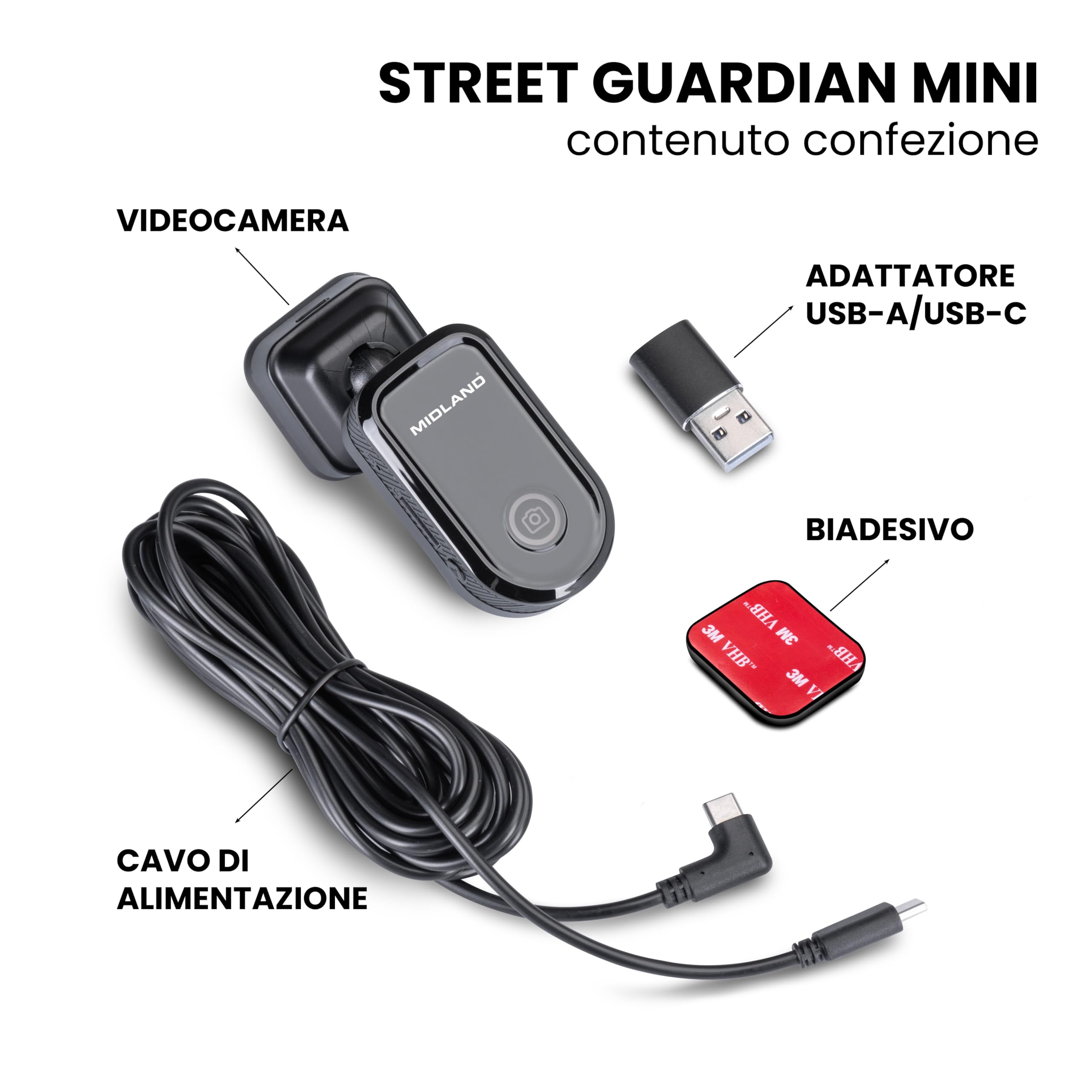 Midland - Dash Cam Auto Street Guardian Mini, Dashcam con Localizzatore GPS Integrato, Videocamera con Sensore G per Rilevamento Urti - Accessori Auto, Telecamera Wi-Fi per Accesso Video da Smartphone