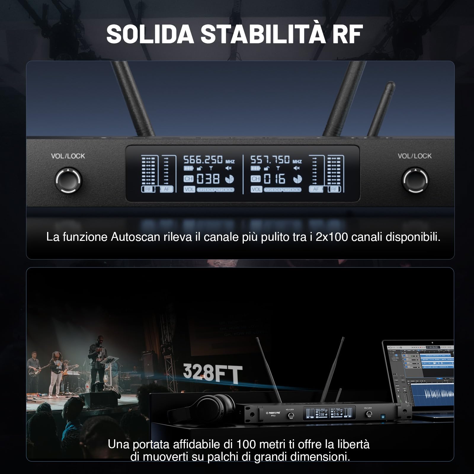 Phenyx Pro Sistema Microfono Wireless UHF Talkback 2 Canali PTI-2-2H | Auto Scan & Sync, potenza RF adattiva, 2 × 100 frequenze, portata 328 ft, microfoni dinamici a mano