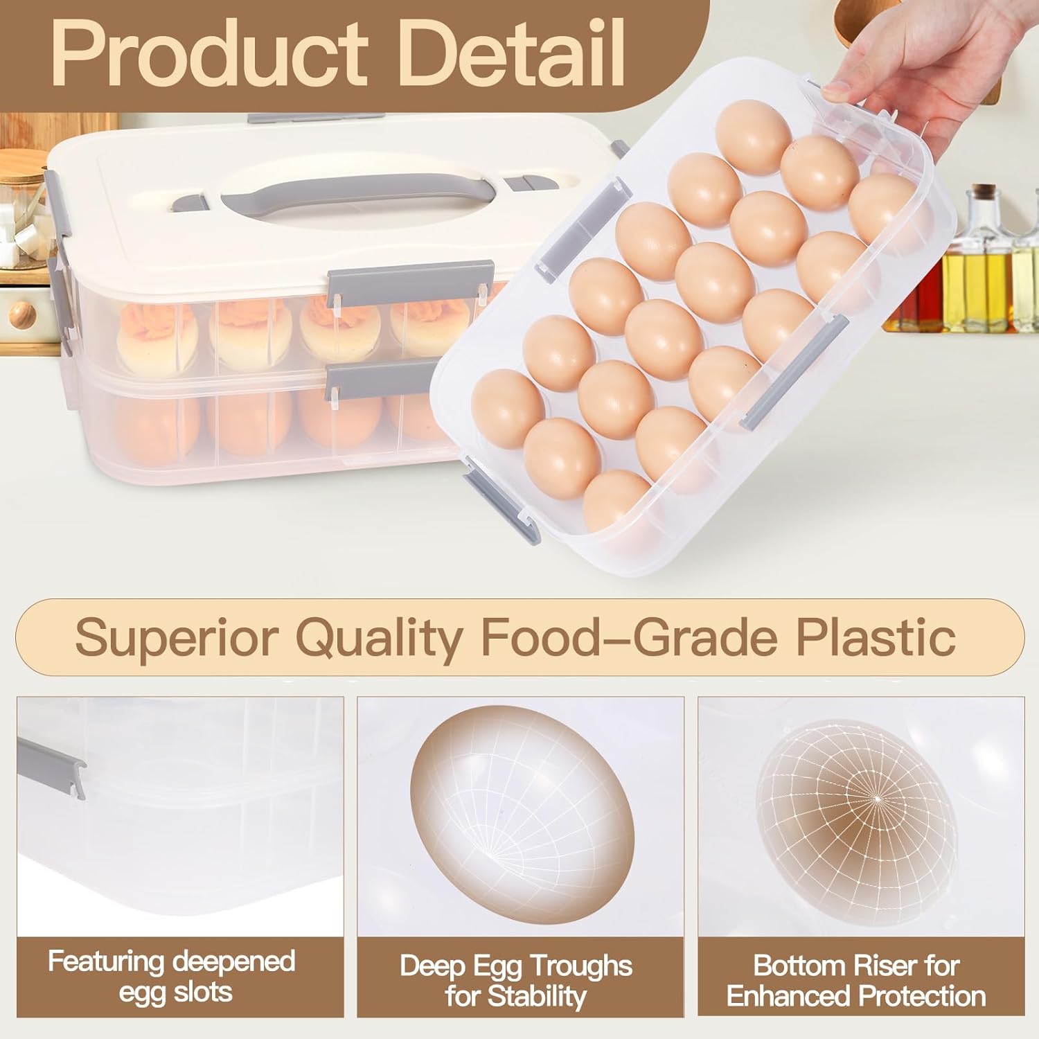 2-Layer Deviled Egg Containers With Lid,36pcs Easter Deviled Egg Tray Carrier with Handl Injector Piping Tool,Portable Stackable Egg Holder Platter Holder Organizer for Refrigerator Party Picnic Event