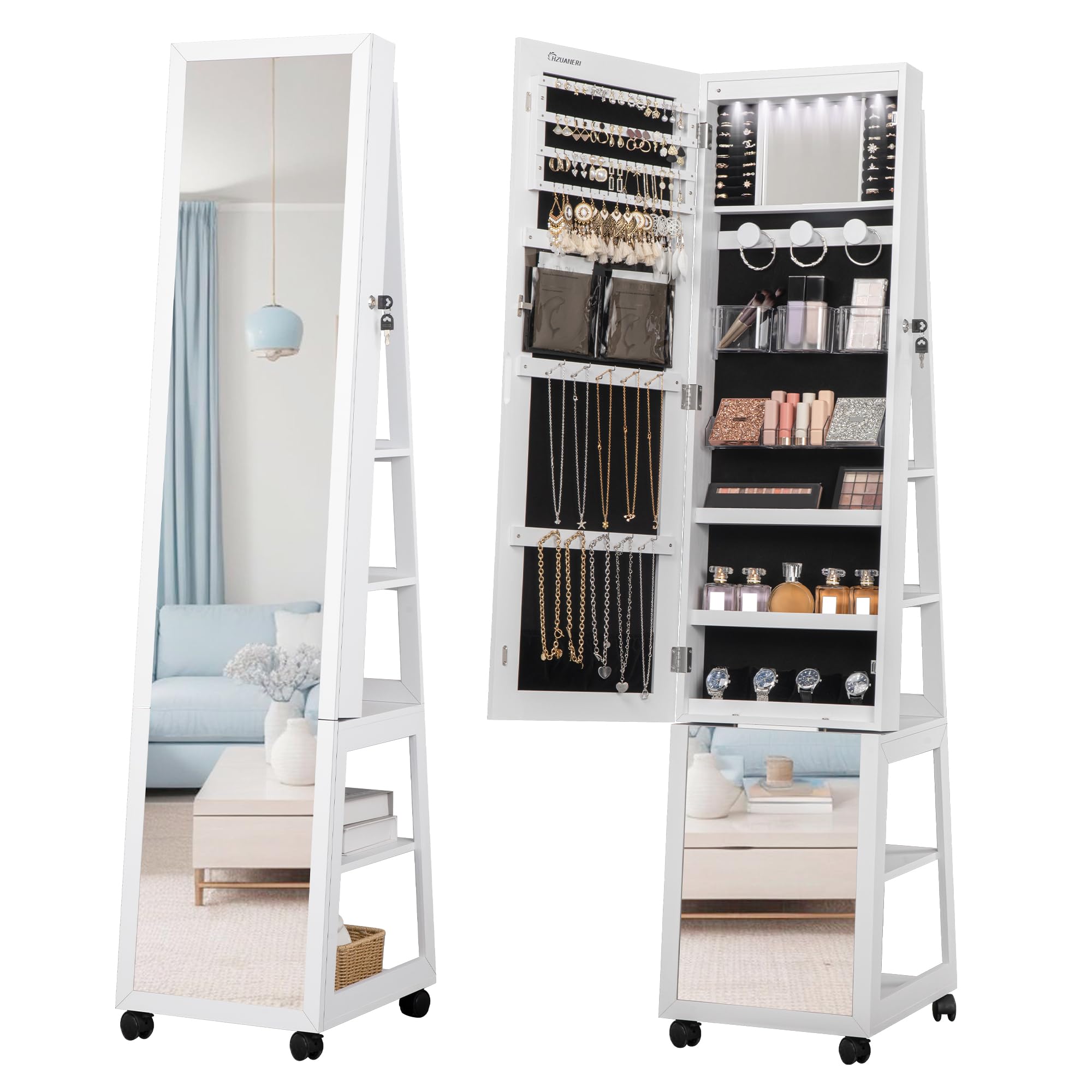 Hzuaneri Hzuaneri 6 Leds Armario Joyero, 159 cm de pie Joyería Armario Organizador, con Cerradura de Longitud Completa Espejo con 4 Ruedas, 5 Niveles de Almacenamiento de joyería Estante, Blanco JC35303BV1