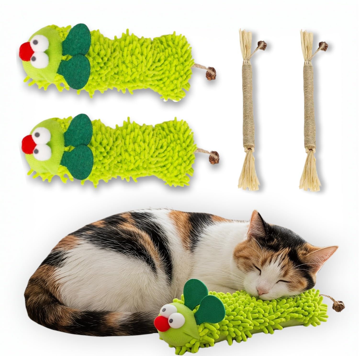 SMYJDMM Cat Chew Toy for Teeth Cleaning, 4Pcs Catnip Toys, 2 Bite-Resistant Plush Caterpillar with 2 Silvervine Sticks for Indoor Cats Teeth Cleaning Chewing Playing (Green)