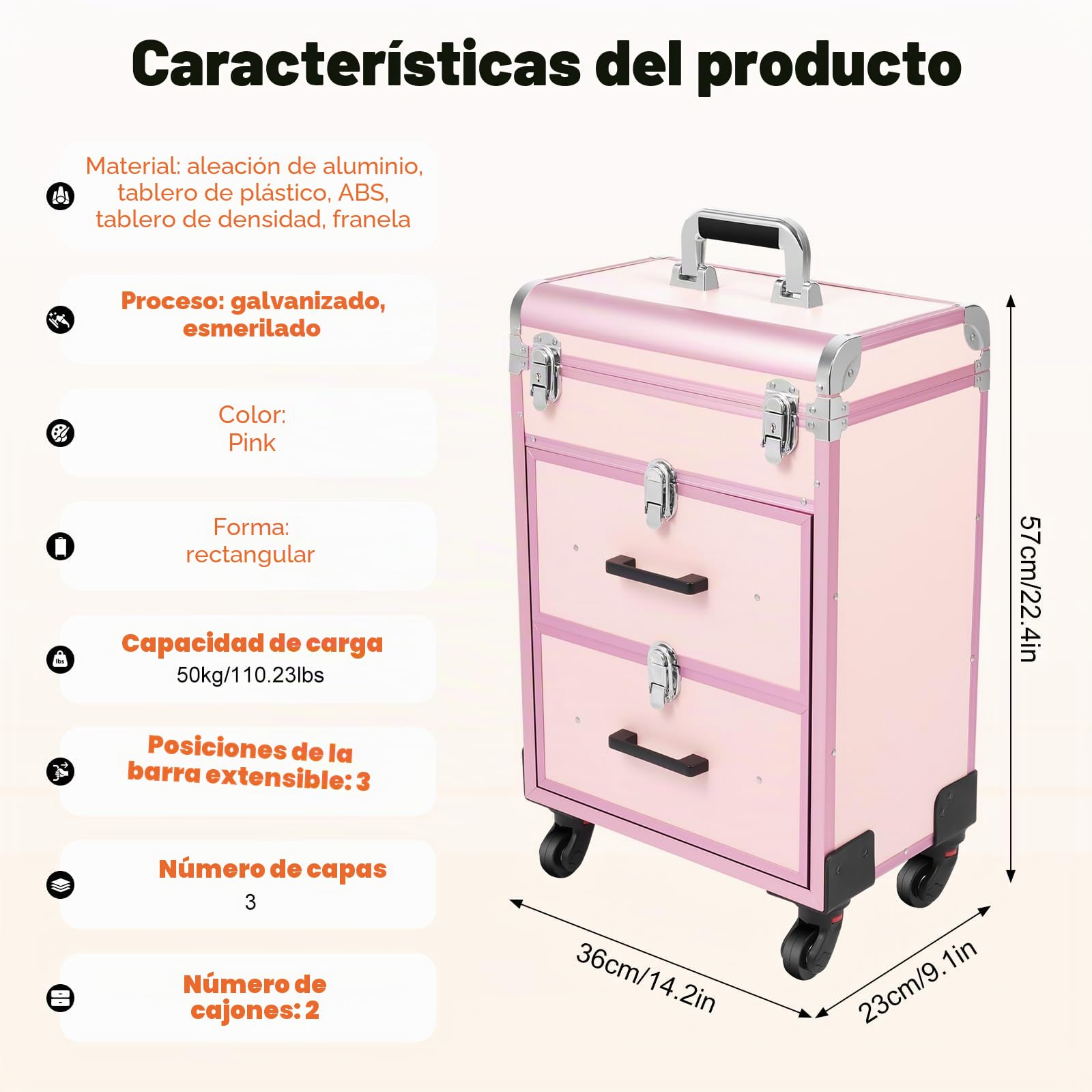 Maletín de cosméticos con carro, grande maletín de maquillaje de 3 capas con 2 cajones, maletín rodante de maquillaje, neceser portátil con 4 ruedas, maletín de belleza para equipaje de mano
