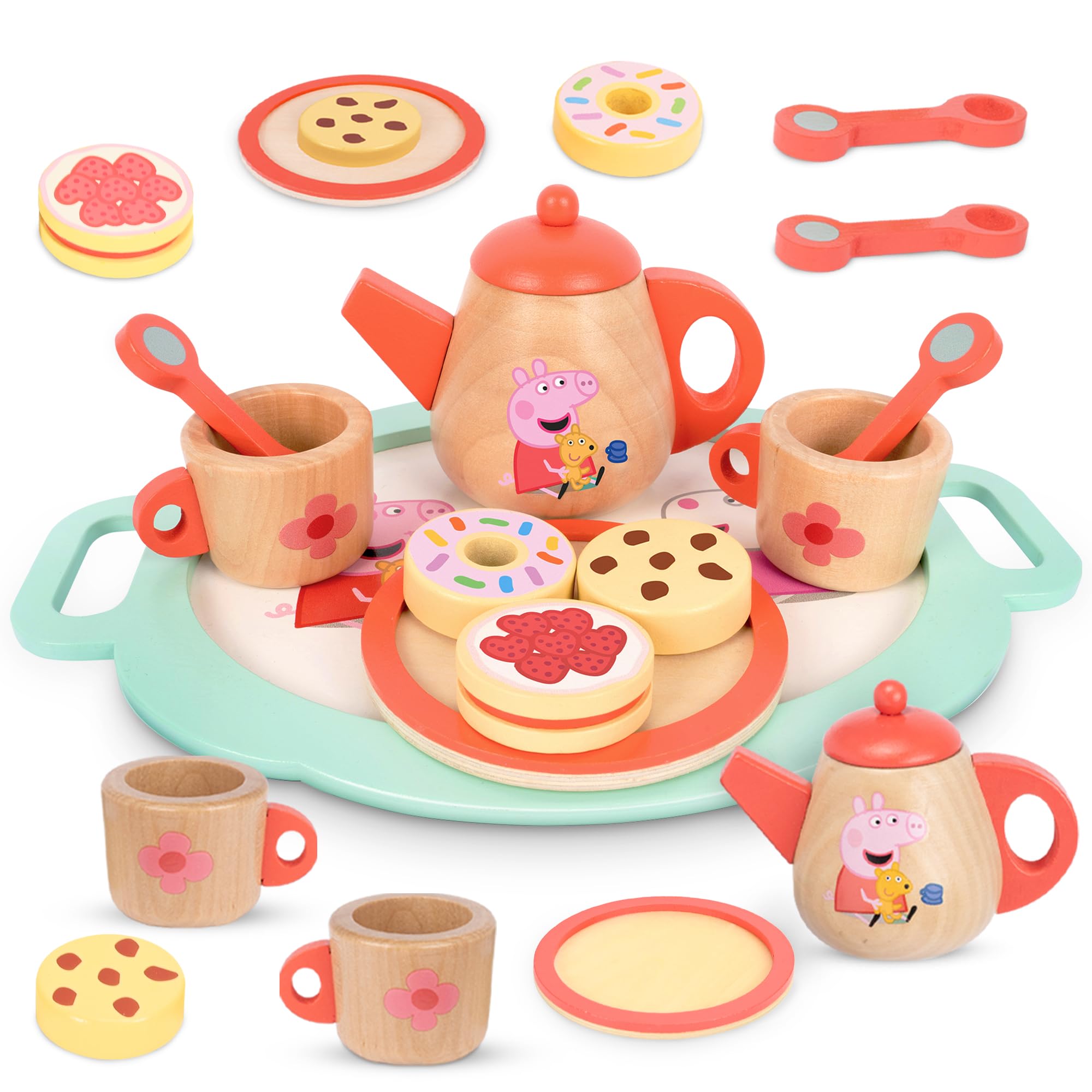 Peppa Pig Wooden Play Set for Toddlers Age 3+, Pretend Play Toy for Kids – Durable Role Play Kitchen Accessories for Creative & Imaginative Fun (Tea Set)