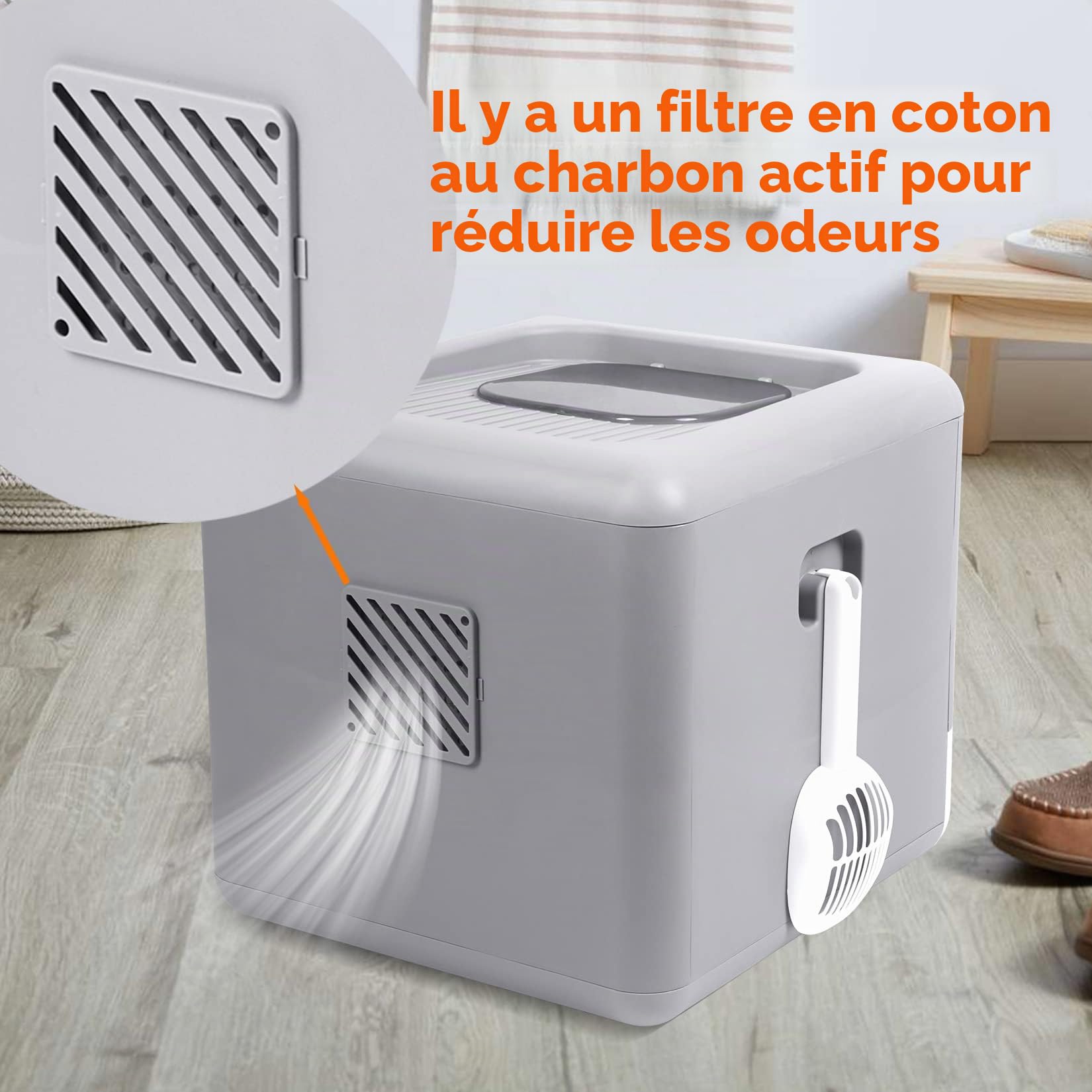 BingoPaw Maison de Toilette Chat Anti Odeur: Bac à Litière Fermée Portable avec Tiroir et Pelle, 43x40,5x37,5cm