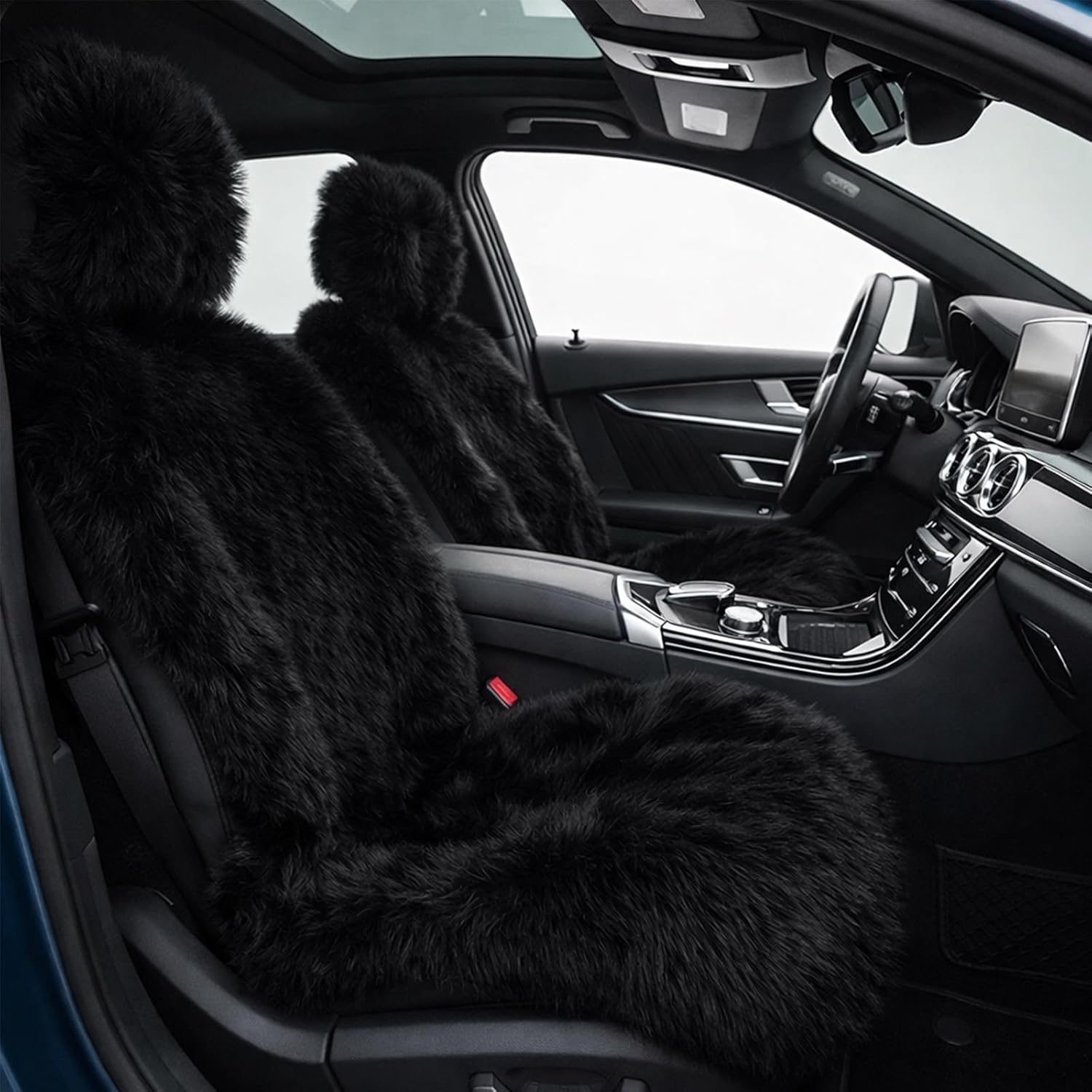 Gracefur 2 Pack Genuine Sheepskin Seat Covers, Long Wool Fluffy Fuzzy Front Car Seat Covers, Easy to Install, Airbag Compatible Universal Fits for SUV, Trucks, Cars (Black)