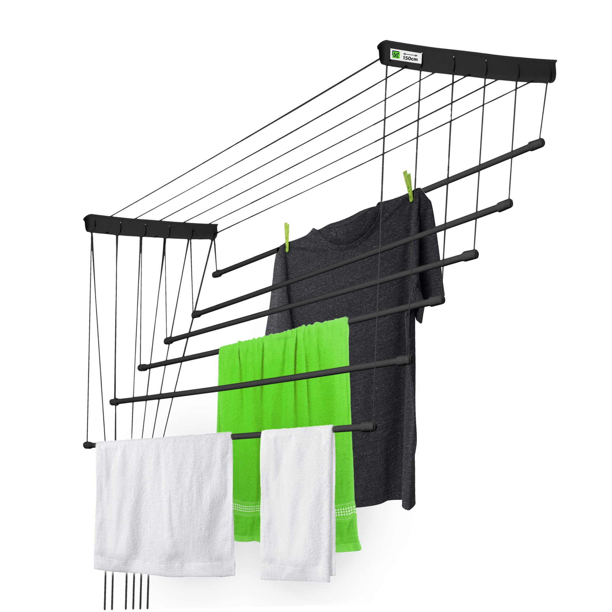 KADAX Deckenwäschetrockner, 9m Trockenfläche, Wäschetrockner für die Decke 6, Wandtrockner mit Polyethylen bezogenen Stahlsprossen, Deckentrockner Traglast 12kg (6x150/schwarz)