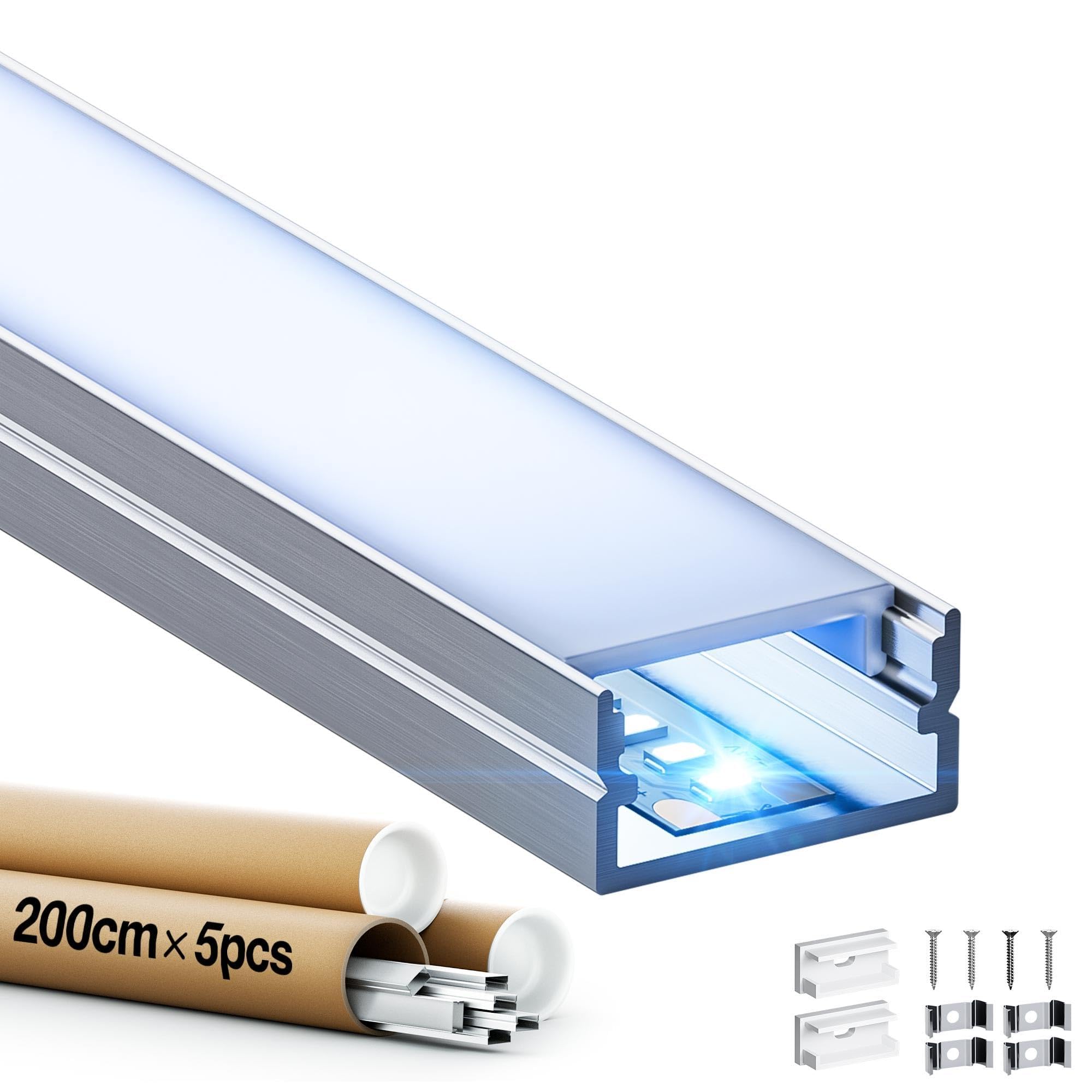 5 profili in alluminio a LED da 2 m, per strisce LED fino a 17 15 mm, canale LED con diffusore bianco latte, dimensioni: 19,7 x 10 mm (10 m), adatto per muro a secco, montaggio a soffitto e
