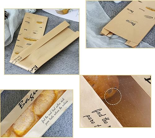 Miniatura 3 de Paquete de 24 bolsas de papel kraft fresco de pan baguette, bolsas de embalaje para pan con ventana frontal transpirable (4 x 1.6 x 23.6 pulgadas) y