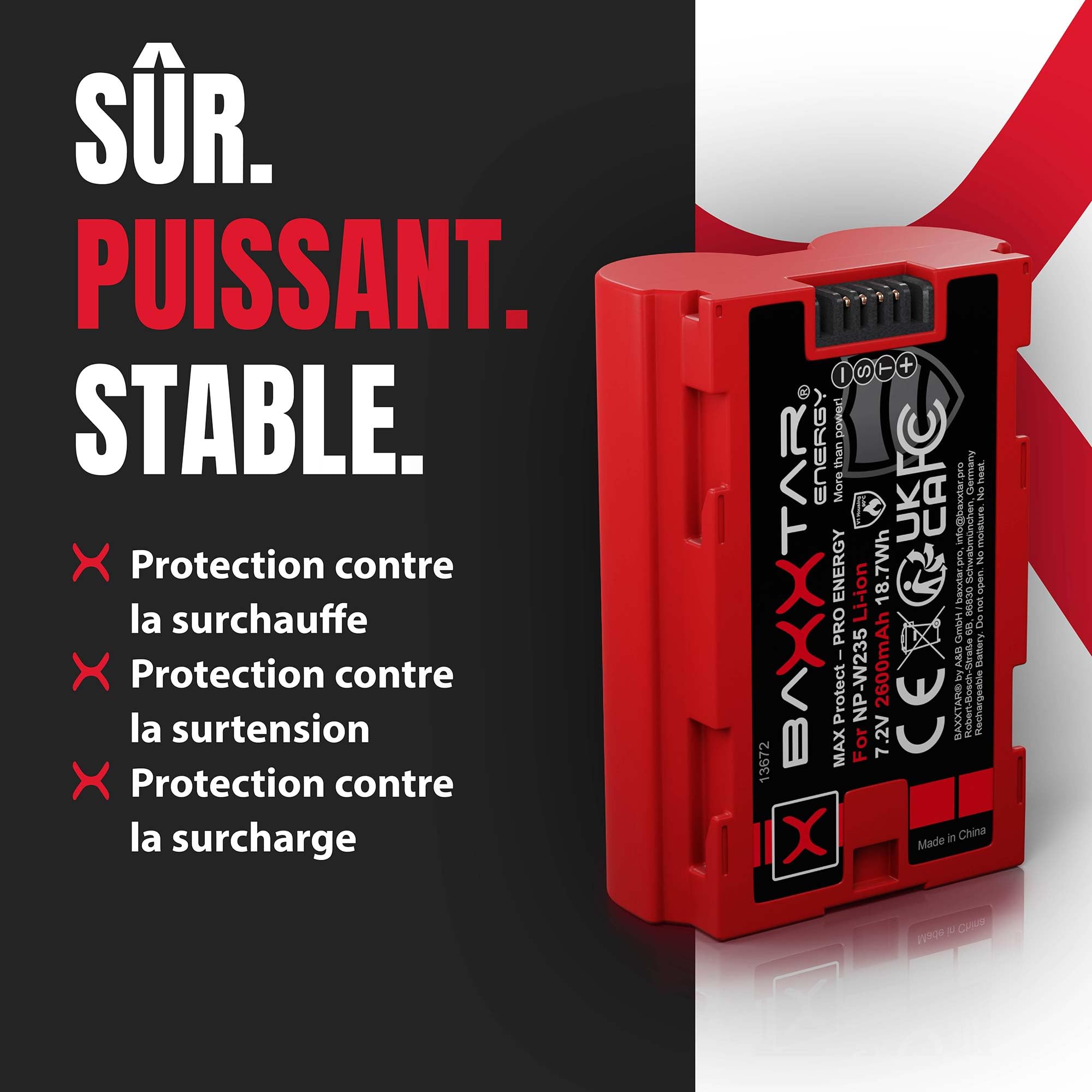 Baxxtar 2X MaxProtect Batterie NP-W235 2600mAh Remplacement pour Fuji NPW235 NP W235 avec capteur NTC et boîtier V1 Compatible avec Fujifilm GFX-50s II GFX-100S GFX-100 II X-H2 X-H2S X-S20 X-T4 X-T5