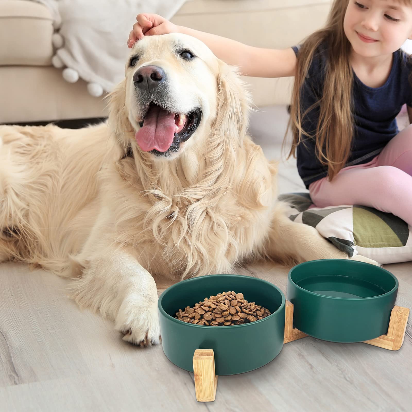 KPWACD Keramik Haustier Schalen für Hund und Katze, Erhöhtes Hundefutter und Wassernapf Set mit Anti-Rutsch-Holzständer, Haustiere Futternäpfe Geeignet für kleine, Grün, 800 ml