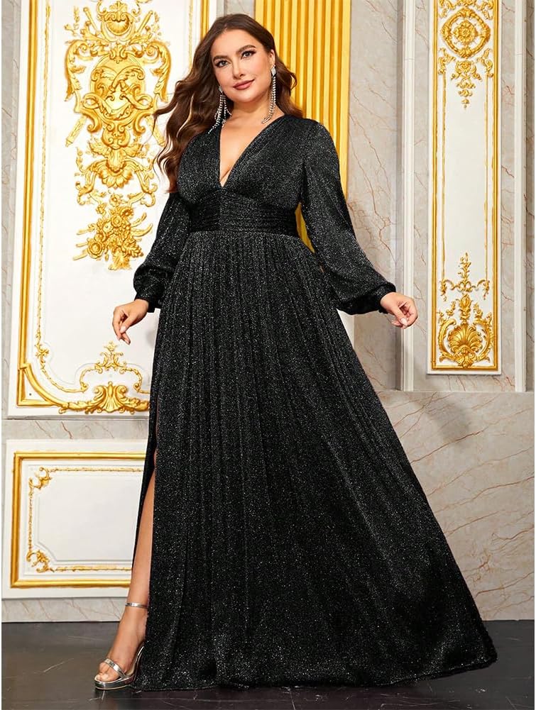Giffniseti Women's Plus Size Long Sleeves Deep V-Neck Dresses with Slit A Line Formal Evening Gown - Image 5