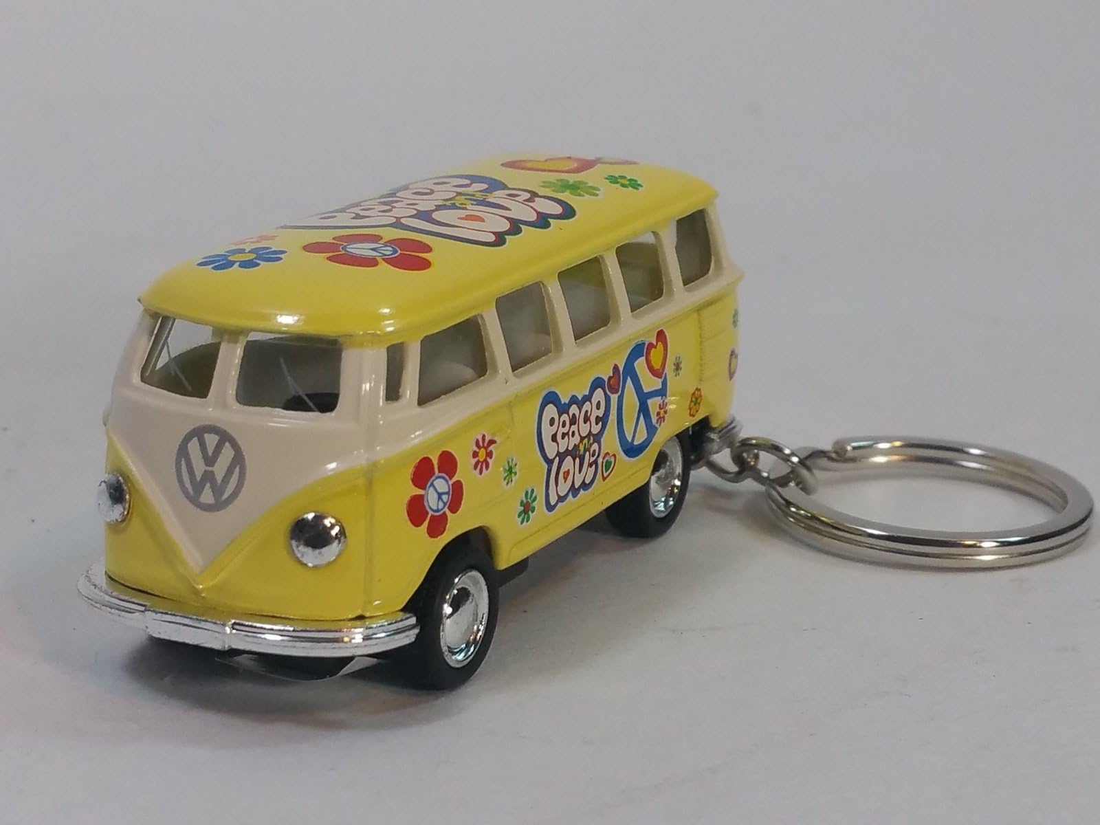 KiNSMART 1962 Volkswagen Classic Hippie Love & Peace Bus 1:64 Scale 2.5 Inch Die Cast Metal Model Key Chain, Pullback Action (Yellow)