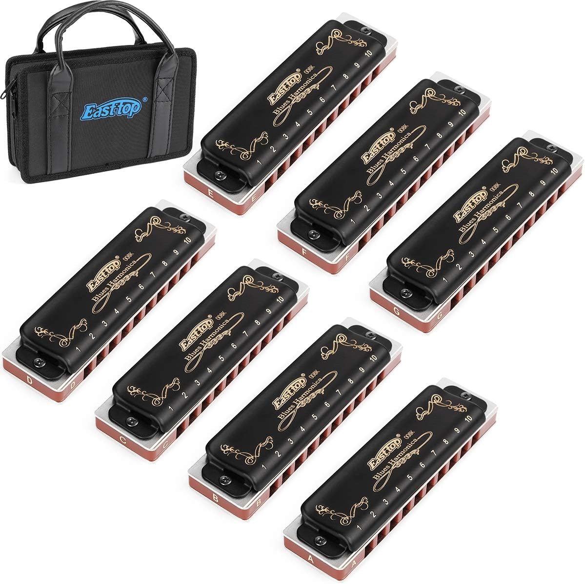 Harmonica Sets 7 Keys in Key of A B C D E F G 10 Hole 20 Tones with Case Bag & Cleaning Cloth for Adult, Professional Player,Beginner,Students,Children,Kids,by Eison-East Top,Heavy Duty, Black