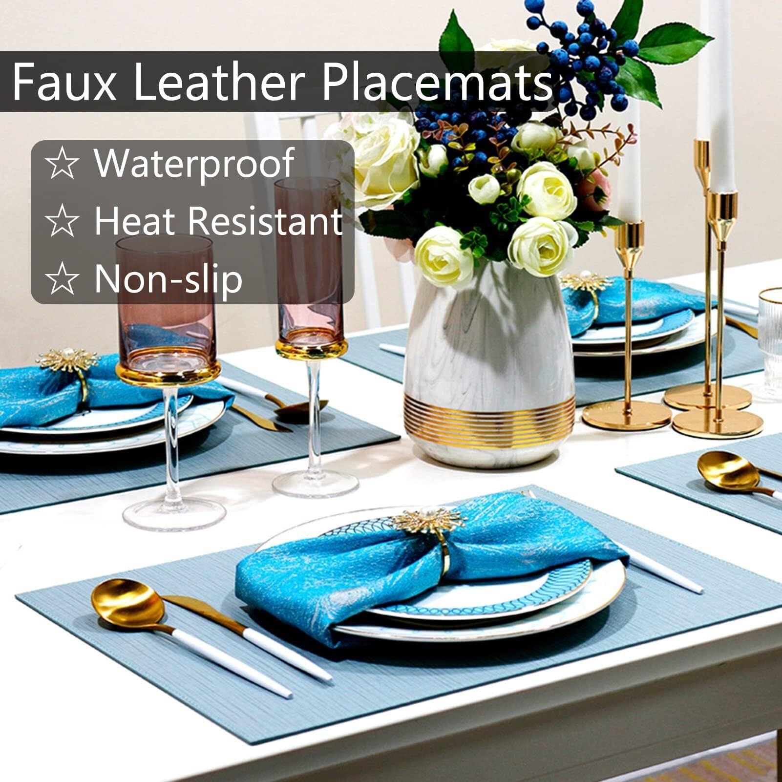 Lot de 4 sets de table en polyuréthane - Lavables - Antidérapants et faciles à nettoyer - En cuir synthétique - Décoration de cuisine - Bleu