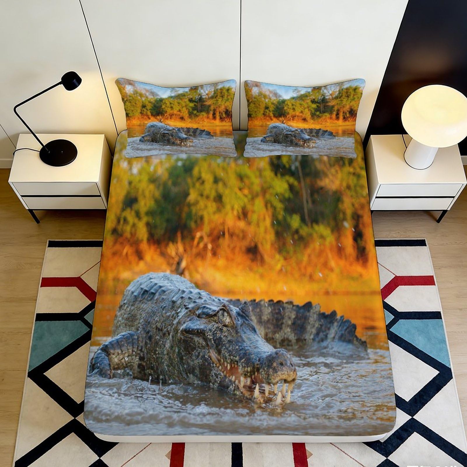 Pnayamiorkfel Style-4 3D Printed Crocodile River Fitted Sheet Microfiber Soft Waterproof Jungle Bed Cover For Bedroom Guest Room Decor 90X200x25cm