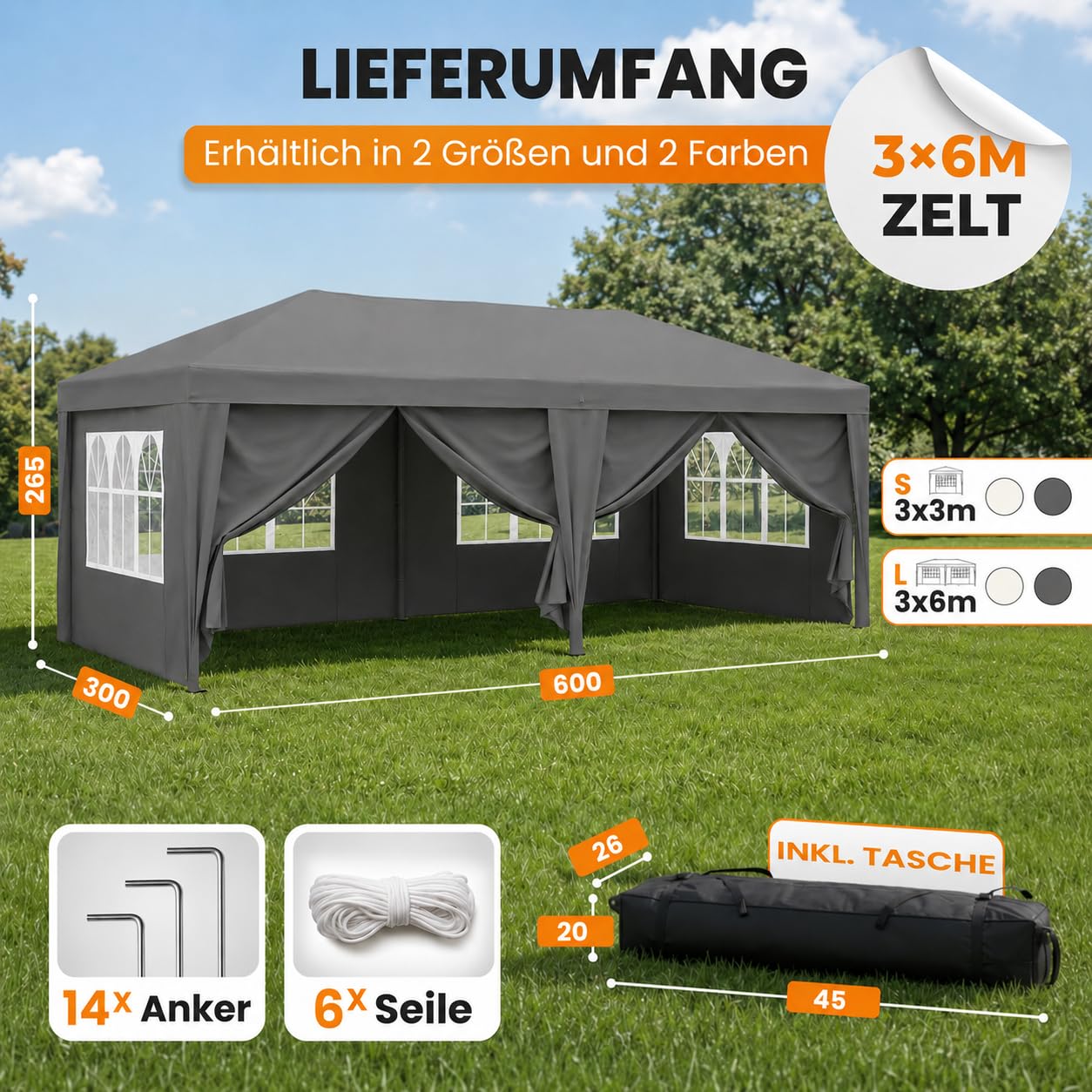 NATURIZ® Pavillon 3x6 Wasserdicht Stabil & UV 50+ Schutz - Faltpavillon mit Seitenwänden - Pop Up Zelt für Garten, Camping, Märktestand & Partyzelt, Gartenpavillon, Gartenzelt, Festzelt, Gazebo (Grau)