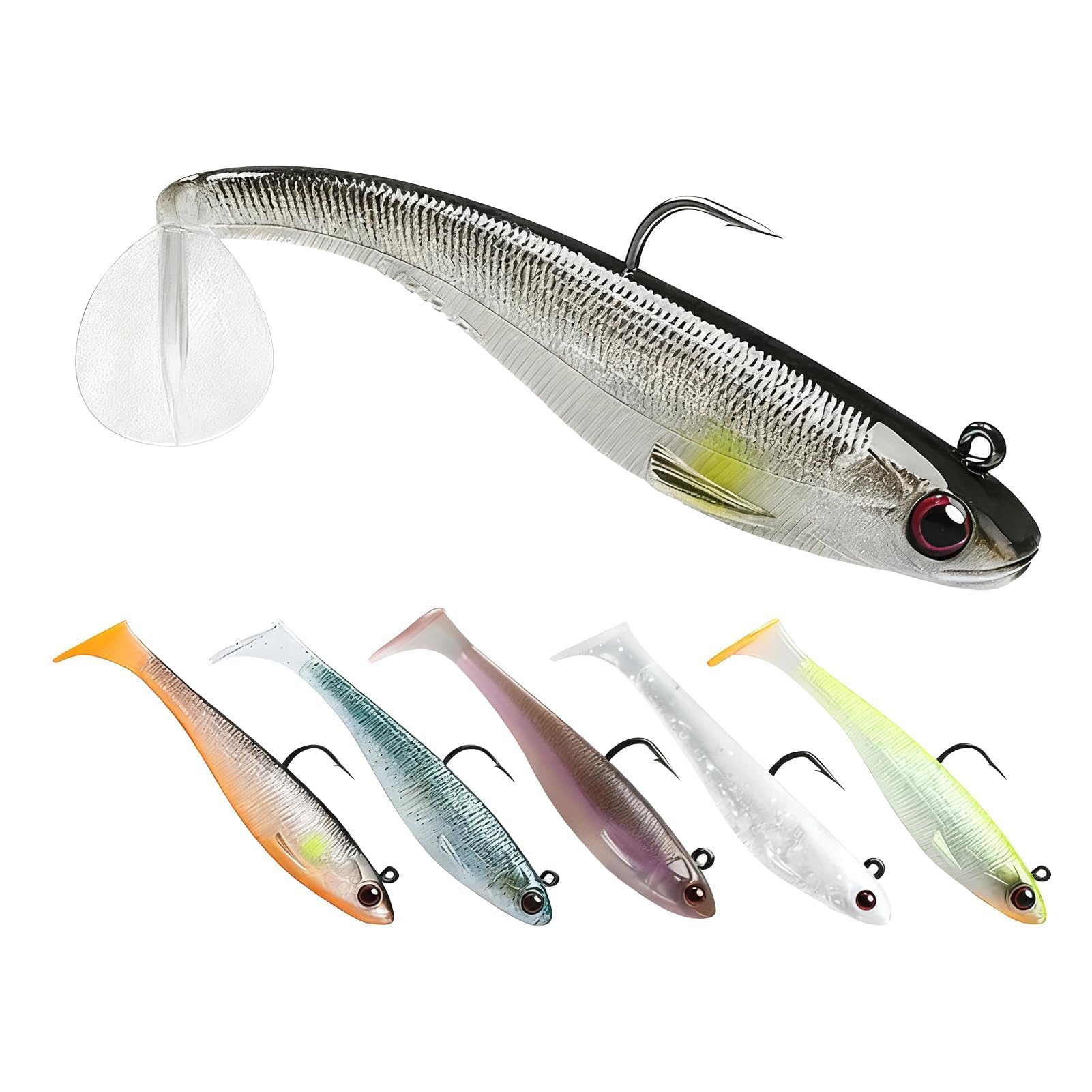6 Pack Bass Fishing Lures, Pre-Rigged Soft Lures with Lead Jig Head, 3.5" Lifelike Paddle Tail Swimbait for Freshwater & Saltwater, Ultra-Sharp Hooks for Bass Trout Pike and Perch Fishing Lures