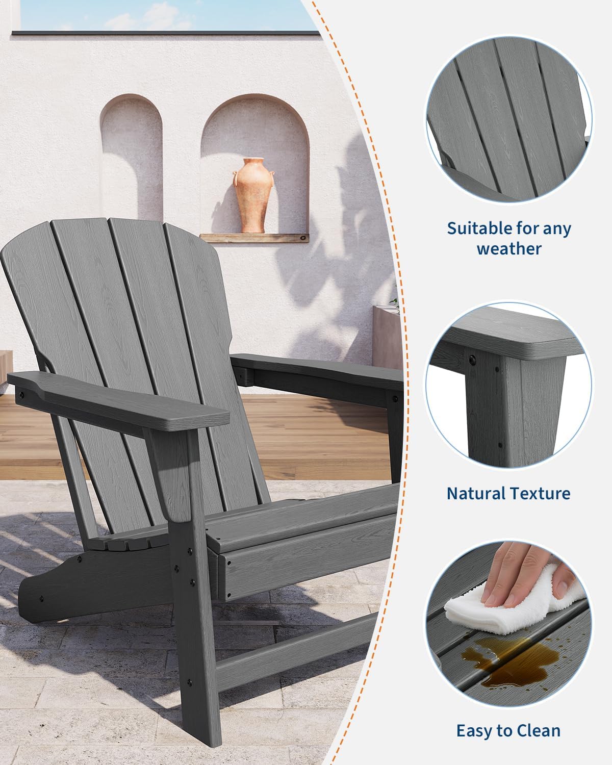 Modern HDPE Plastic Adirondack Chair Set of 2 with Side Table - Oversize 380 LB Poly Lumber Weather Resistant Firepit Chair - Outdoor Patio Chairs with Wooden Textured for Deck, Pool, Porch - Grey