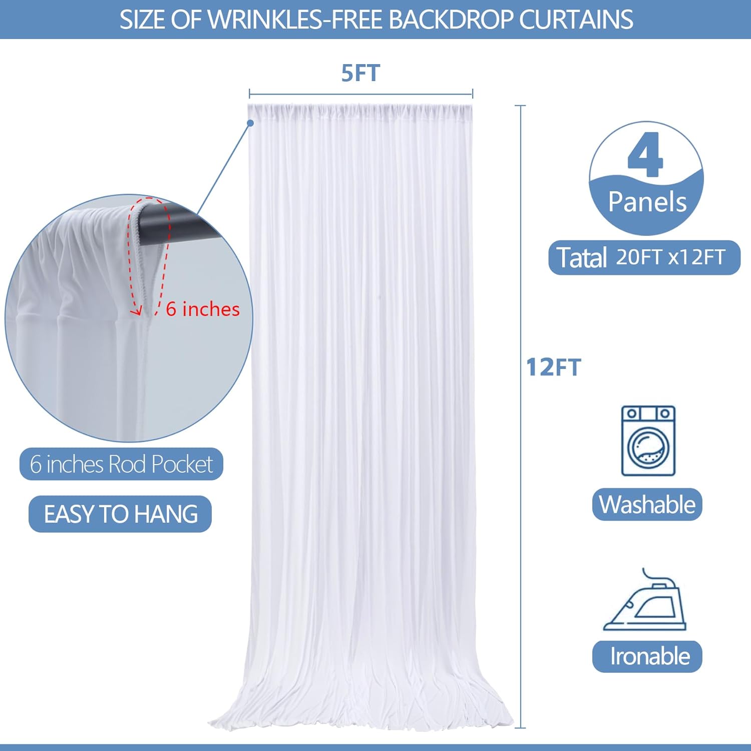 20ft x 12ft Wrinkle Free White Backdrop Curtain for Parties Soft Fabric Drapes Wedding Curtain Backdrop for Birthday Party Decorations Background for Photography