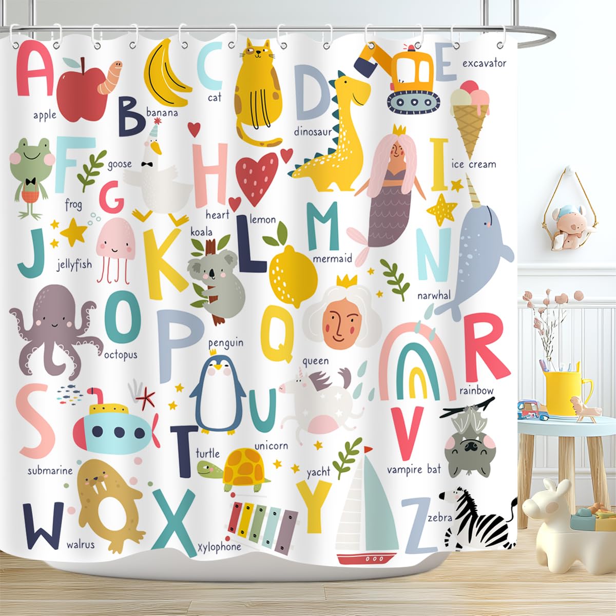 ZXMBF Lern-Duschvorhang Für Kinder – Mit ABC, Tieren, Farben, 183 X 183 Cm, Wasserdichter Polyester