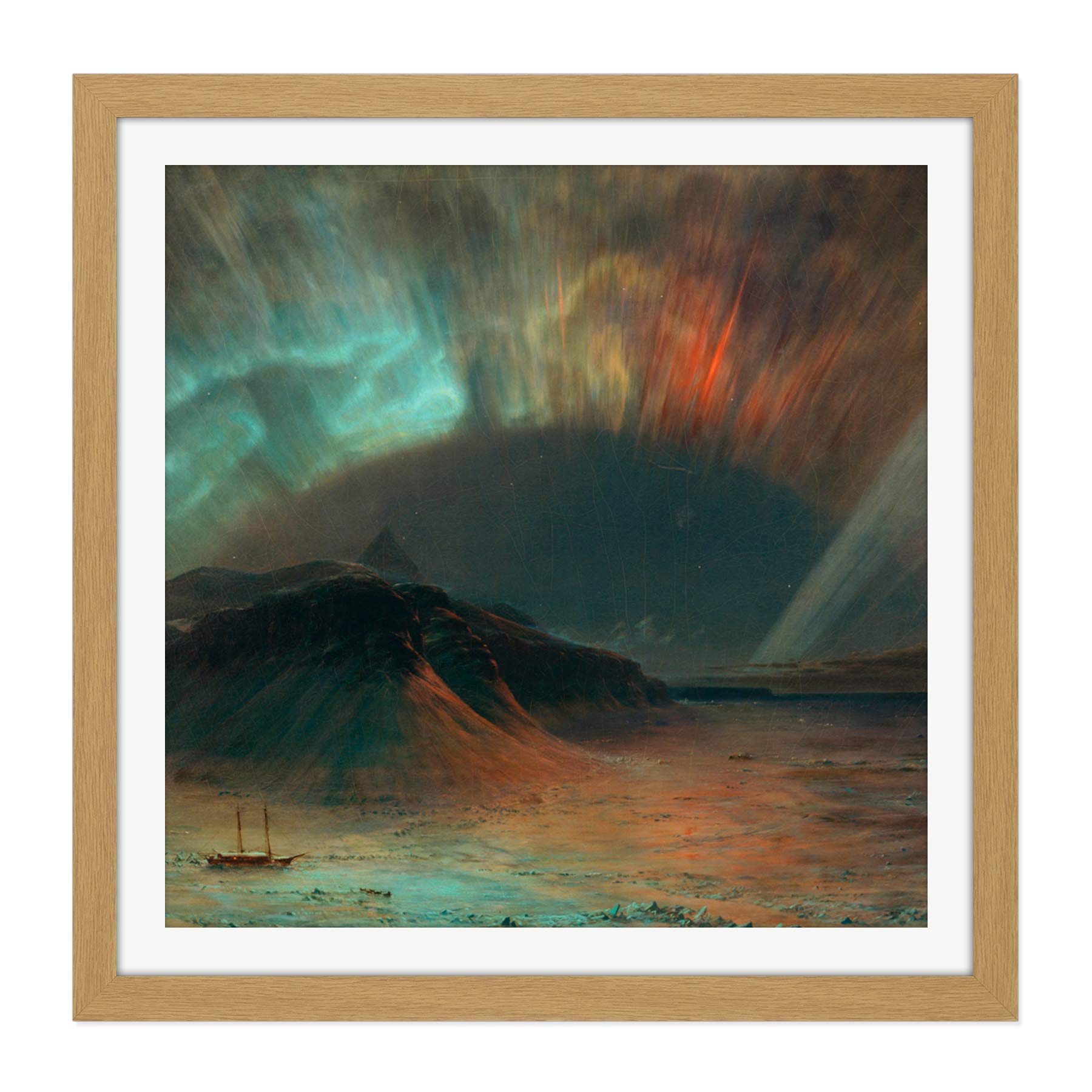 Church Aurora Borealis Northern Lights Landscape Painting Square Wooden Framed Wall Art Print Picture 16X16 Inch