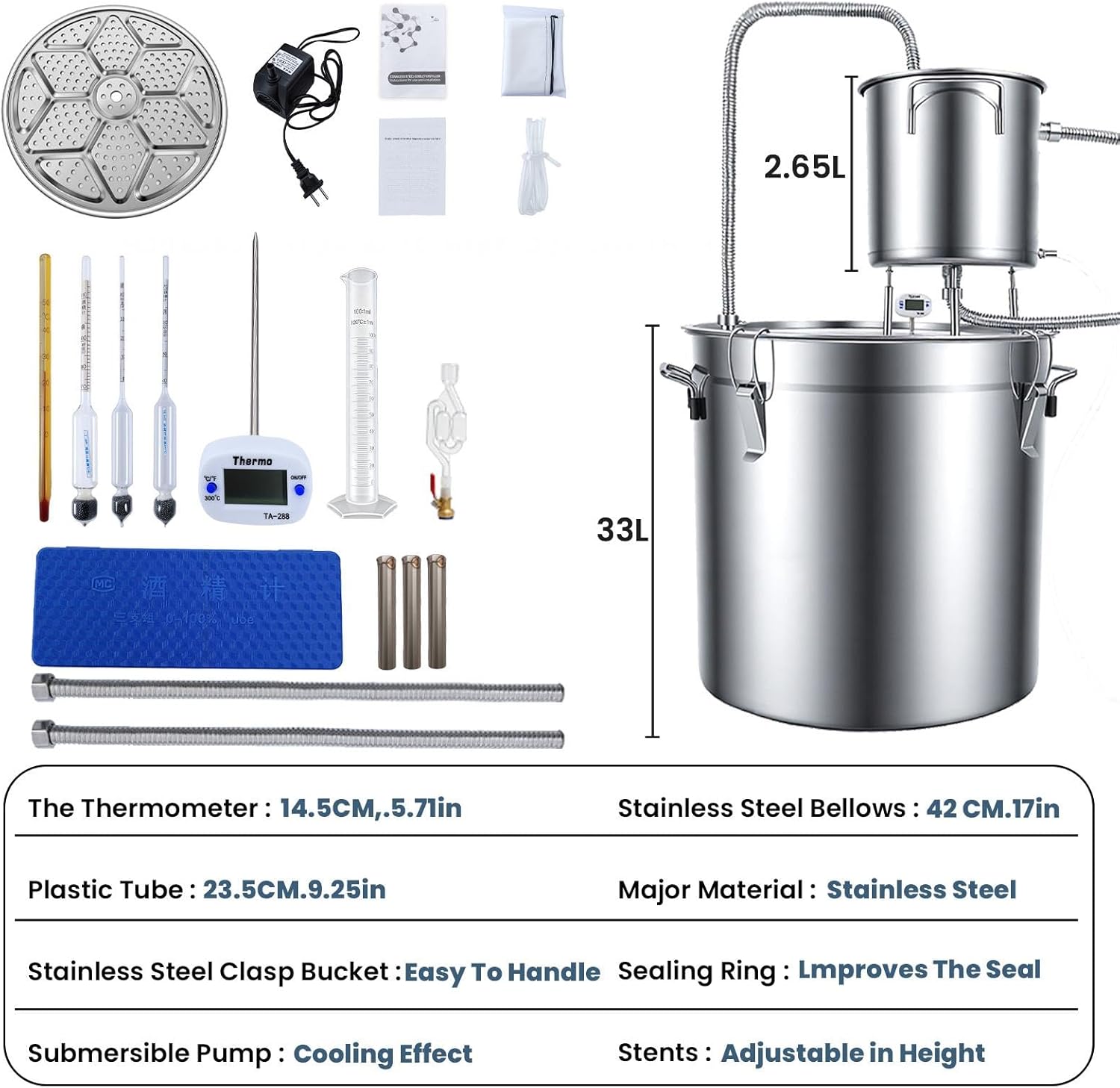 Alcohol Still 8.5 Gal/33L, Alcohol Water Distiller Thickened Stainless Steel Spirits Kit w/Copper Tube & Display Thermometer, Home Brew Wine Making Kit for Diy Whiskey, Wine, Brandy, Essential Oil