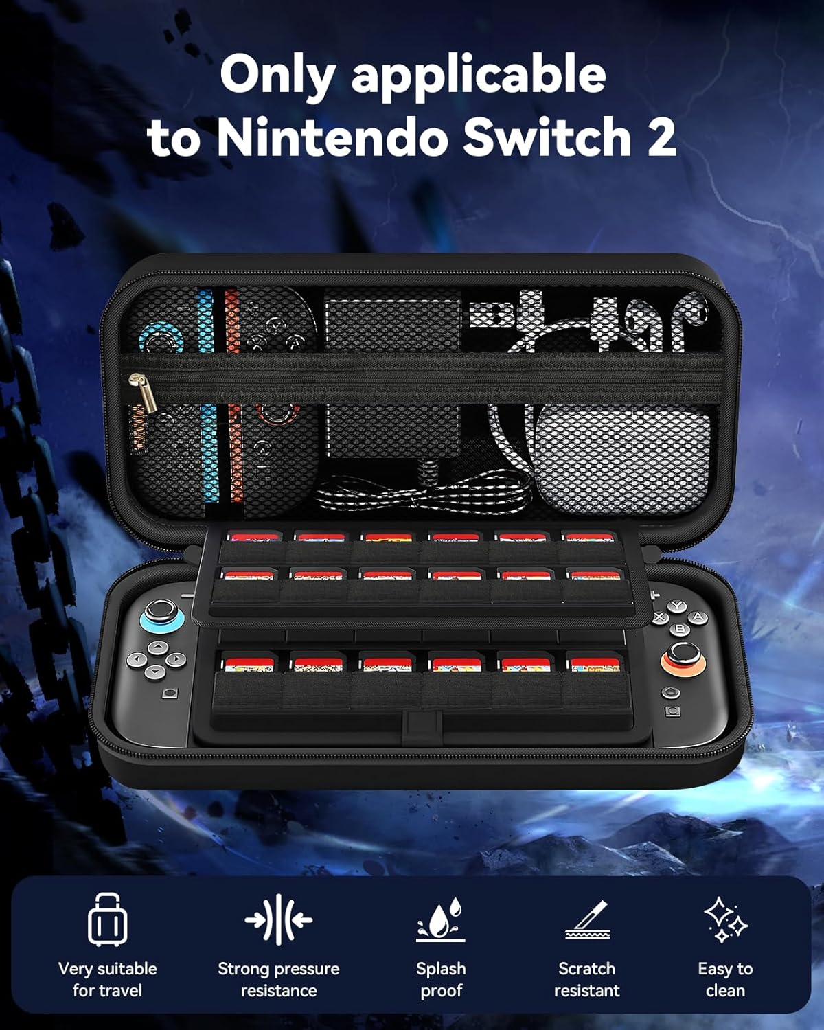 SnapTek Large Capacity Carrying Case for Nintendo Switch 2 - 3 in 1,with 24 Game Card Slots & 4 Thumb Grip Caps,Protective Hard Shell Portable Travel Case Pouch for Switch 2,Black - Image 5