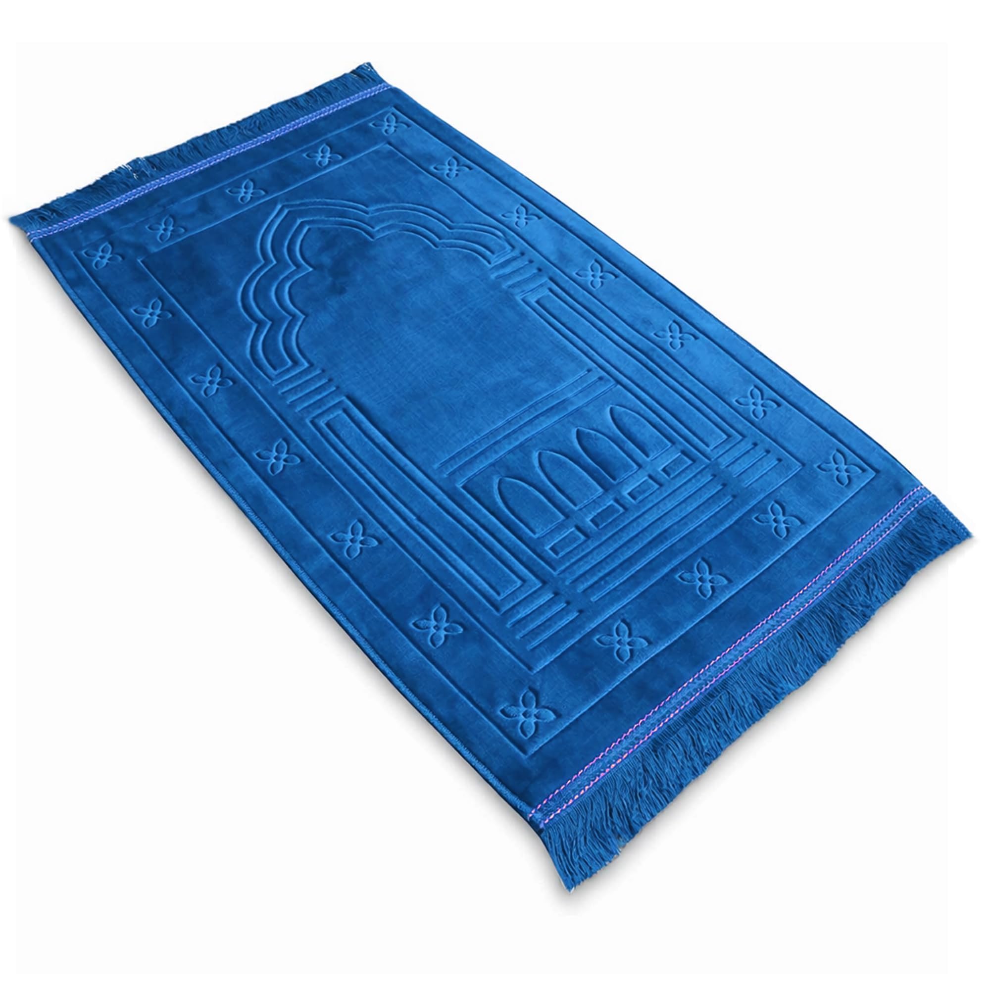 BML 1 x Islamic Prayer Mat Blue 2cm Extra Thick Soft Velvet 120 x 80 cm Padded Non Slip Muslim Luxury Mosque Printed Rug for Sajjadah Salah Namaz Travel Prayer Mat Men & Women Ramadan Eid Gif
