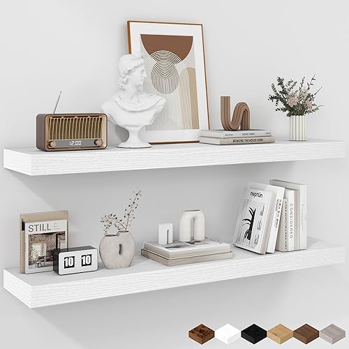 Miniatura 78 de Fun Memories Estantes flotantes de 16 pulgadas – Estantes de pared de madera de color blanco rústico profundo – Estante de almacenamiento para pared