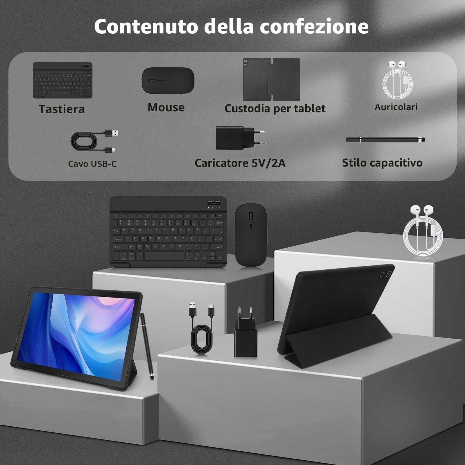 Tablet 10 Pollici Kit 8-in-1 Android 15 Tablet PC con Custodia, Tastiera, Mouse, Penna, Cuffie, Alimentatore, Cavo, Octa-Core, 20 GB RAM, 64 GB ROM, Espandibile 1TB,Display IPS 1280x800,5000 mAh(Nero)
