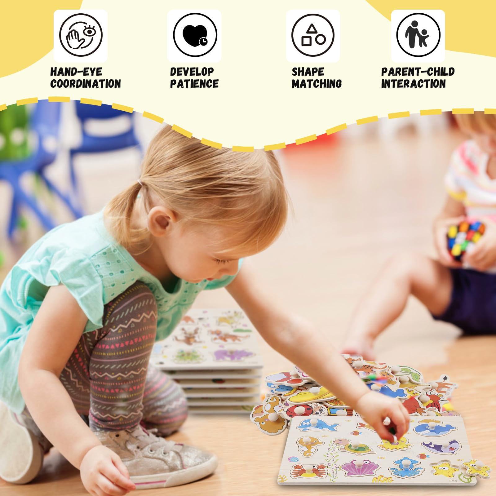 Puzzle con Bottoni in Legno per Bambini, 6 Pezzi Montessori Puzzle, Giocattolo Educativo Regalo per Bambini Ragazzi Ragazze