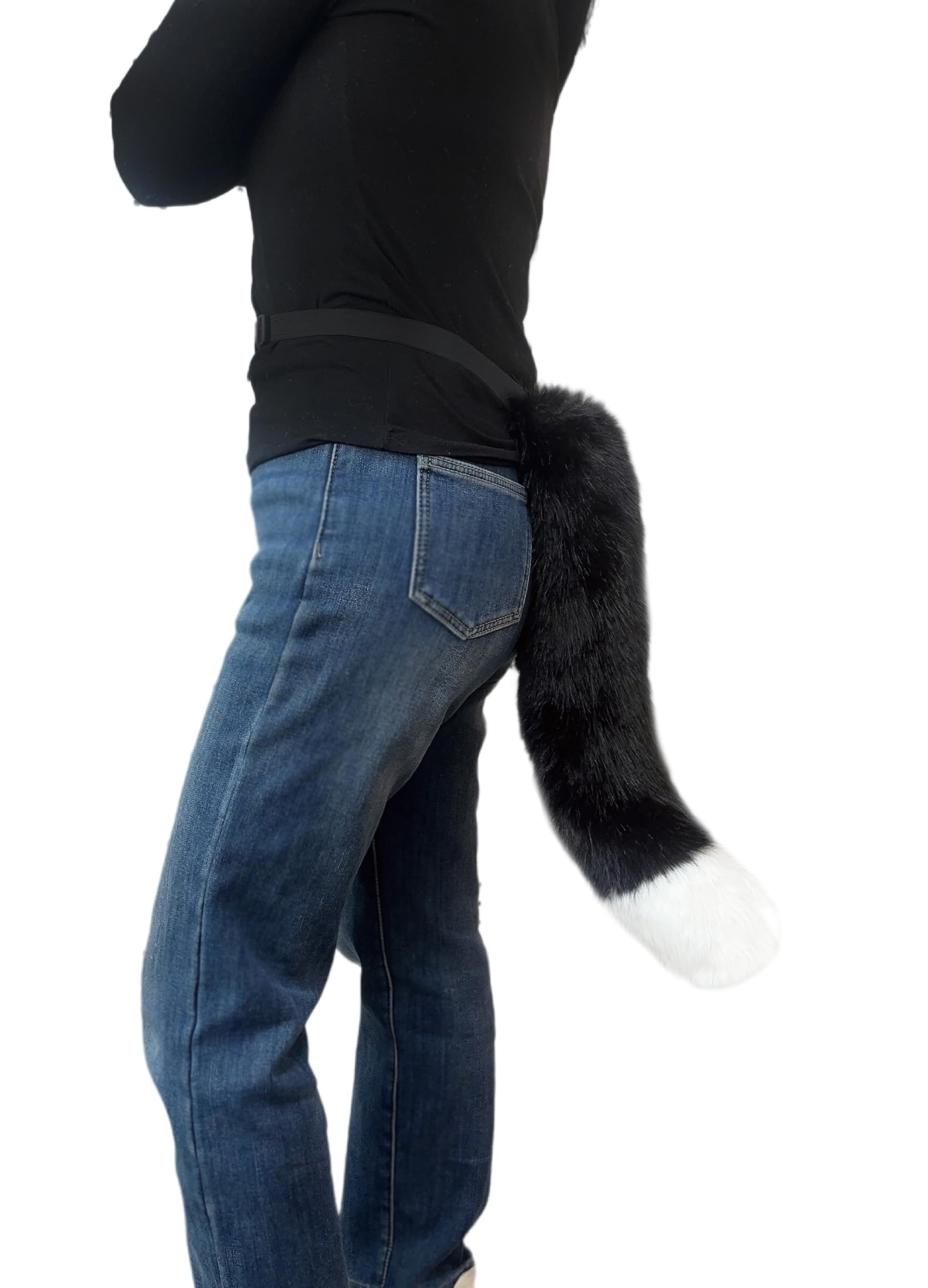 Lina & Lily Adults Faux Fur Fox Wolf Animal Tail Costume Fancy Dress Accessories for Cosplay Halloween Christmas Party (Black & White Tip)