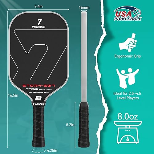Miniatura 8 de Pickleball Paddle with T700 Raw Carbon Fiber Surface & 16mm STR-Core Power Polymer Core, Premium Pickle Ball Racket Designed for Ultimate Spin &