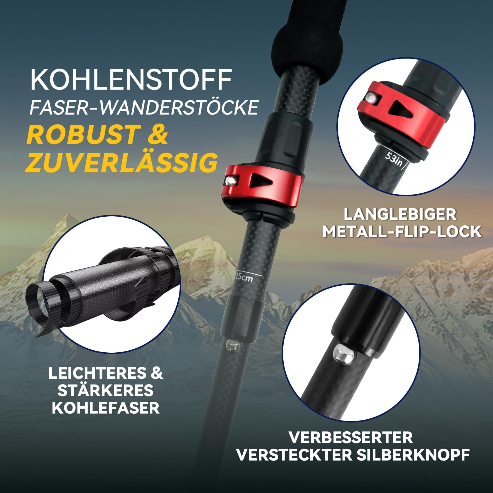 Faltbare Carbon Trekkingstöcke 2 Stück, Leichte Wanderstöcke, Jeder 237 g | Nordic Walking Stöcke,Verstellbare Handschlaufe,Anti-Schock, Ergonomische Griffe,4 Zubehör, für Damen Herren Rucksackreisen