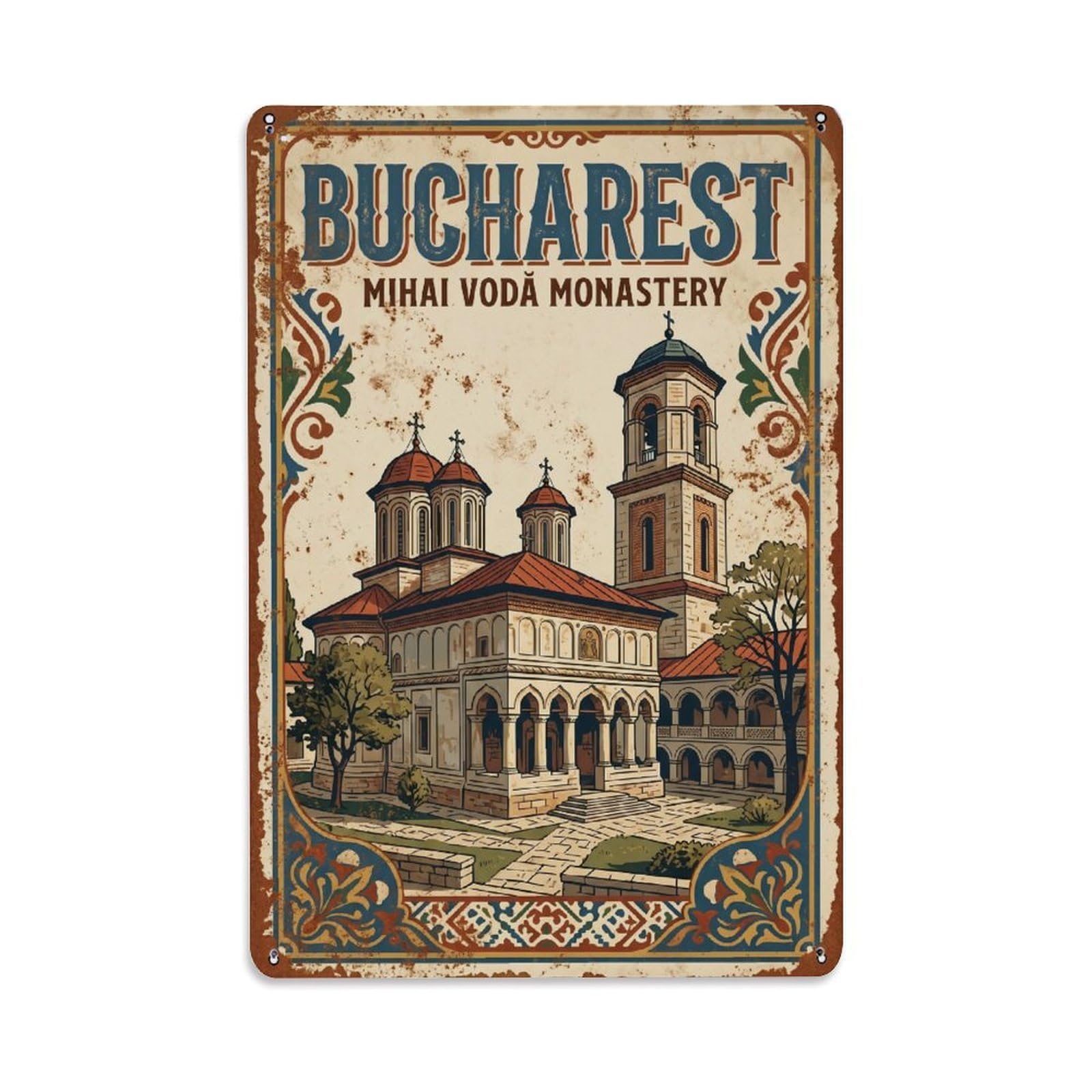 Vintage Travel Bucharest Mihai Voda Monastery Historic Romania Metal Tin Sign Plaque Wall Decor for Cafe, Club Bar, Office, Home Garden Metal Poster 8x12Inch