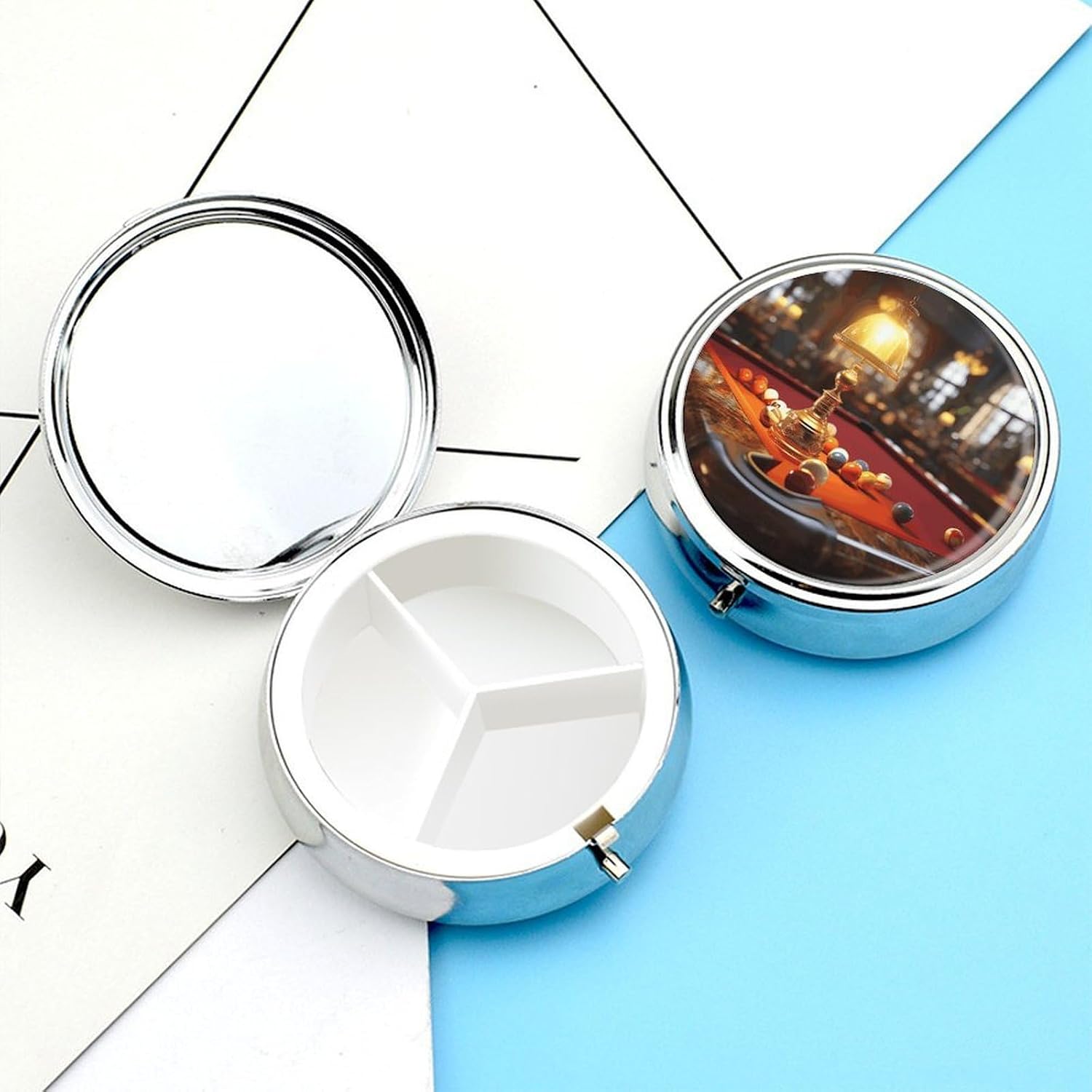 Billiards Round Pill Box with 3 Compartments & Mirror image 3